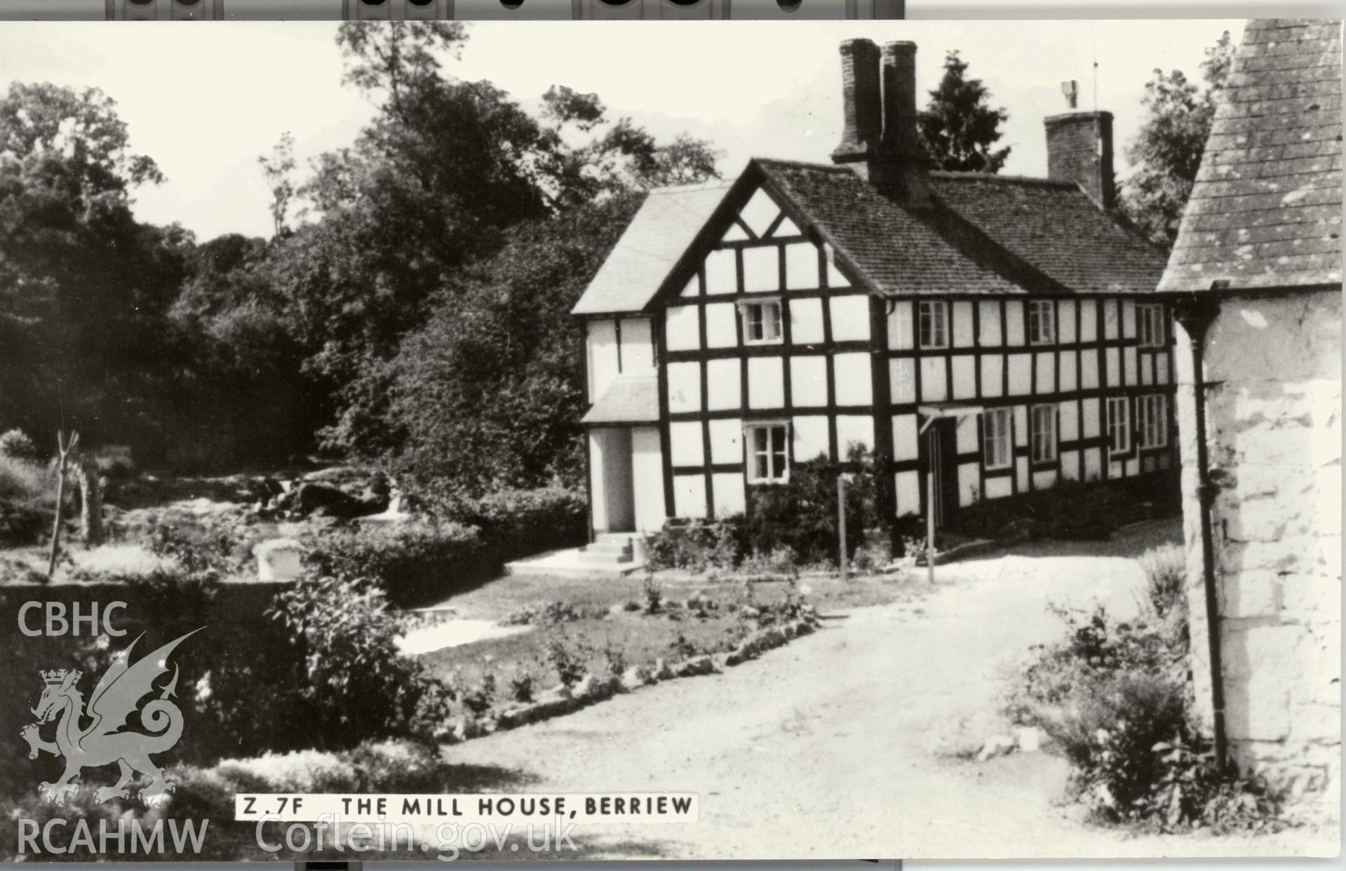 Digitised postcard image of Mill House, Berriew, F. Frith & Co. Produced by Parks and Gardens Data Services, from an original item in the Peter Davis Collection at Parks and Gardens UK. We hold only web-resolution images of this collection, suitable for viewing on screen and for research purposes only. We do not hold the original images, or publication quality scans.