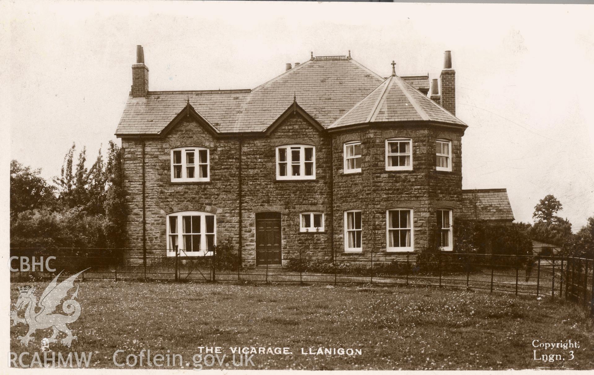 Digitised postcard image of The Vicarage, Llanigon, Raphael Tuck and Sons Ltd. Produced by Parks and Gardens Data Services, from an original item in the Peter Davis Collection at Parks and Gardens UK. We hold only web-resolution images of this collection, suitable for viewing on screen and for research purposes only. We do not hold the original images, or publication quality scans.