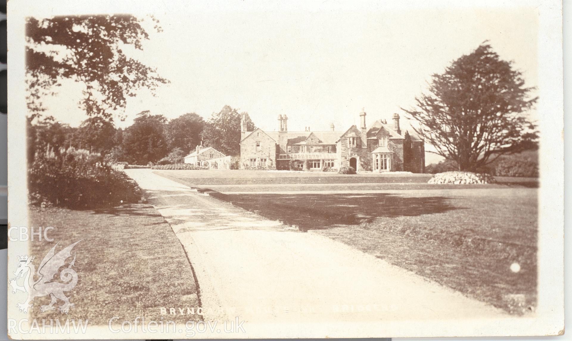 Digitised postcard image of Bryngarw, Brynmenyn. Produced by Parks and Gardens Data Services, from an original item in the Peter Davis Collection at Parks and Gardens UK. We hold only web-resolution images of this collection, suitable for viewing on screen and for research purposes only. We do not hold the original images, or publication quality scans.