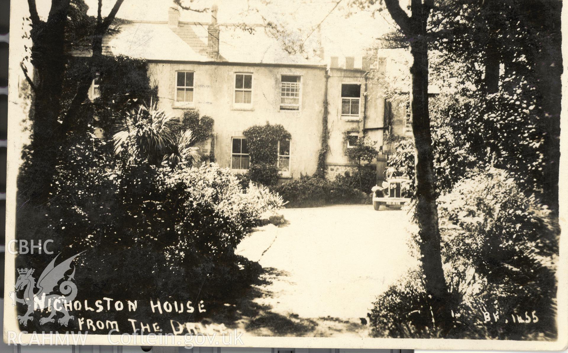 Digitised postcard image of Nicholston House from the drive with car. Produced by Parks and Gardens Data Services, from an original item in the Peter Davis Collection at Parks and Gardens UK. We hold only web-resolution images of this collection, suitable for viewing on screen and for research purposes only. We do not hold the original images, or publication quality scans.