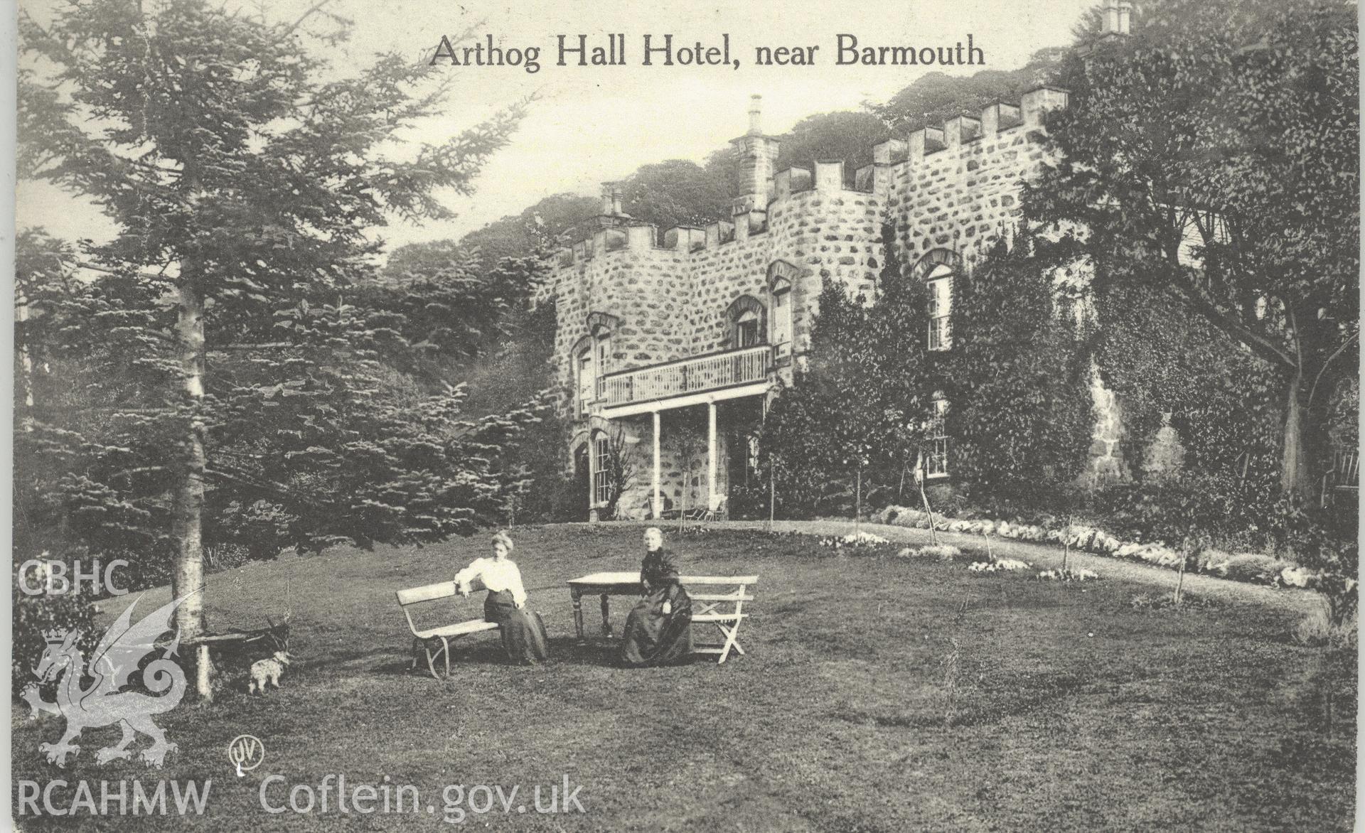 Digitised postcard image of Arthog Hall Hotel, Arthog, Valentine's Series. Produced by Parks and Gardens Data Services, from an original item in the Peter Davis Collection at Parks and Gardens UK. We hold only web-resolution images of this collection, suitable for viewing on screen and for research purposes only. We do not hold the original images, or publication quality scans.