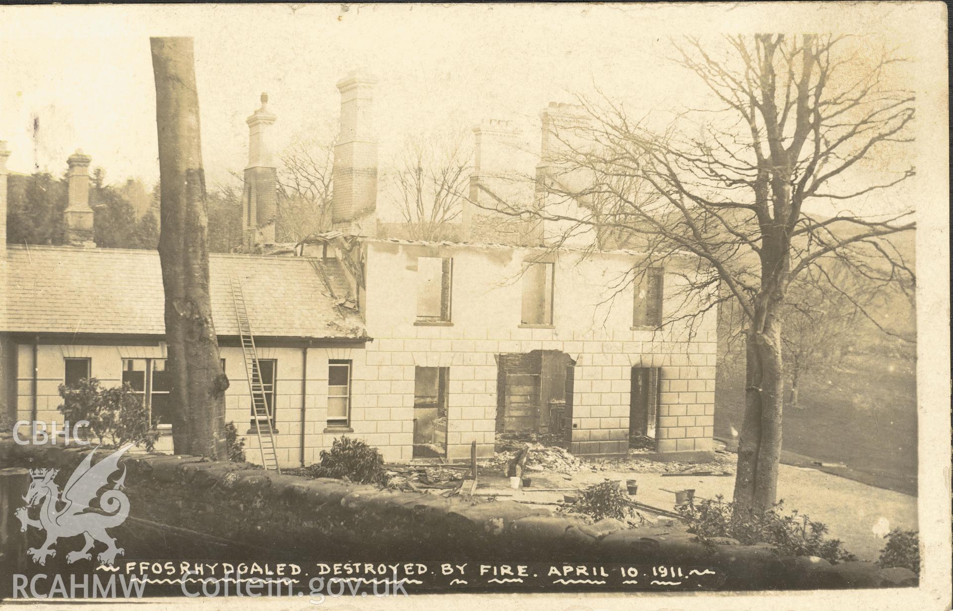 Digitised postcard image of Ffosrhydgaled destroyed by fire April 10 1911. Produced by Parks and Gardens Data Services, from an original item in the Peter Davis Collection at Parks and Gardens UK. We hold only web-resolution images of this collection, suitable for viewing on screen and for research purposes only. We do not hold the original images, or publication quality scans.