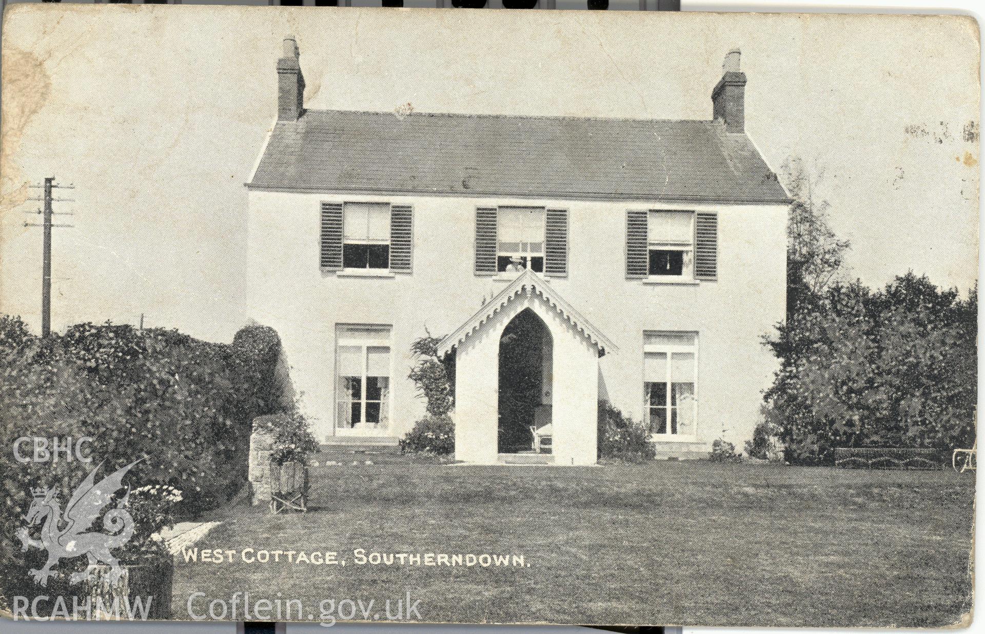 Digitised postcard image of West Cottage, Southerndown, Photochrom Co, Ltd. Produced by Parks and Gardens Data Services, from an original item in the Peter Davis Collection at Parks and Gardens UK. We hold only web-resolution images of this collection, suitable for viewing on screen and for research purposes only. We do not hold the original images, or publication quality scans.