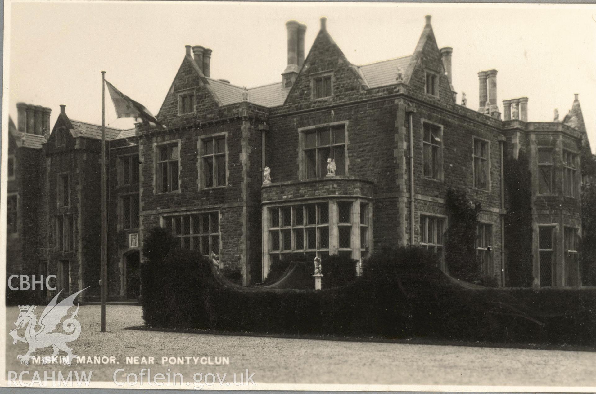 Digitised postcard image of Miskin Manor, Pontyclun, after fire. Produced by Parks and Gardens Data Services, from an original item in the Peter Davis Collection at Parks and Gardens UK. We hold only web-resolution images of this collection, suitable for viewing on screen and for research purposes only. We do not hold the original images, or publication quality scans.