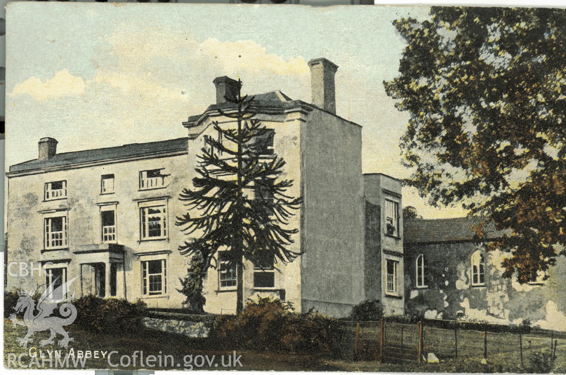 Digitised postcard image of Glyn Abbey, The Eurwedd Series. Produced by Parks and Gardens Data Services, from an original item in the Peter Davis Collection at Parks and Gardens UK. We hold only web-resolution images of this collection, suitable for viewing on screen and for research purposes only. We do not hold the original images, or publication quality scans.