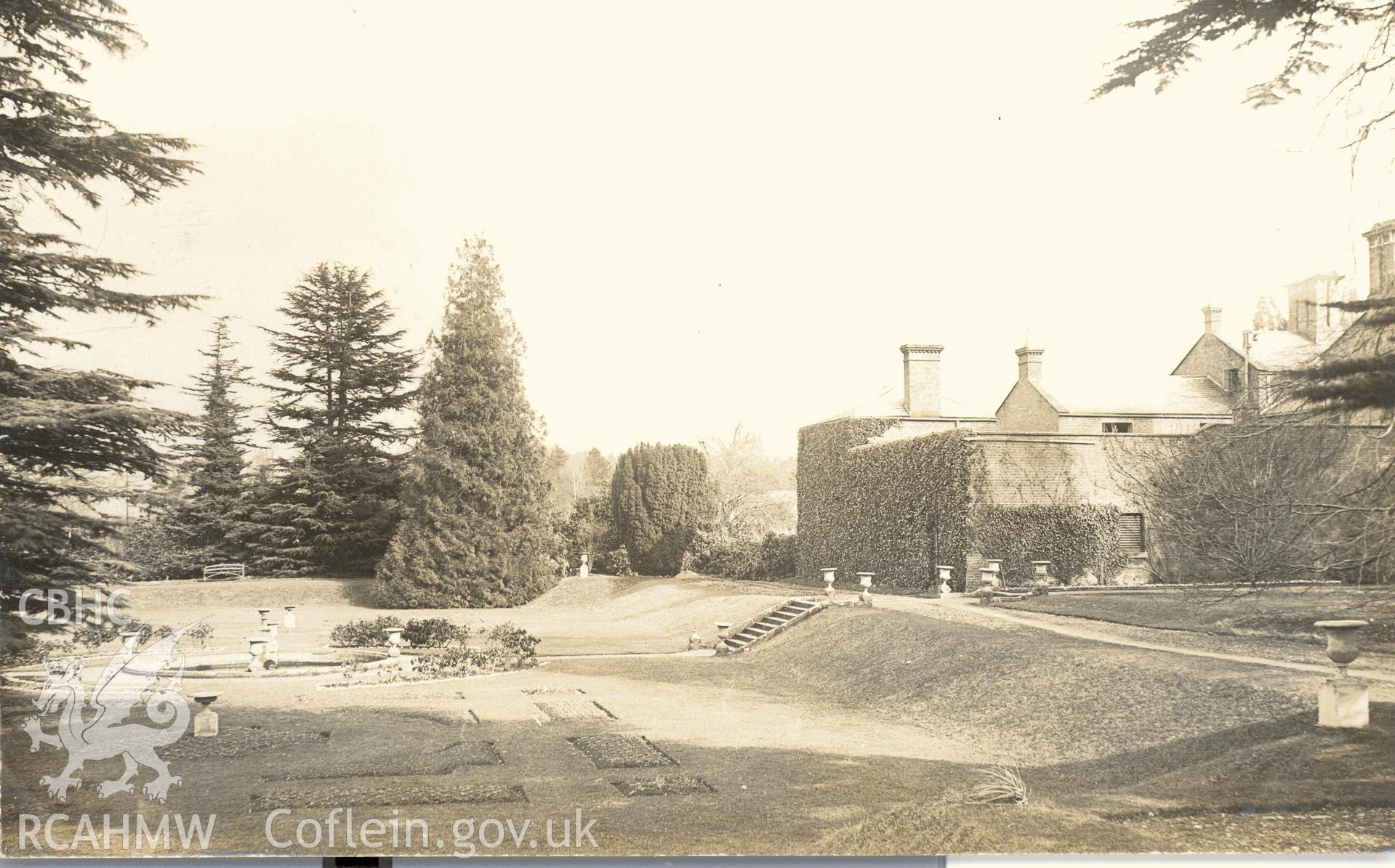 Digitised postcard image of Garthmyl Hall, Berriew. Produced by Parks and Gardens Data Services, from an original item in the Peter Davis Collection at Parks and Gardens UK. We hold only web-resolution images of this collection, suitable for viewing on screen and for research purposes only. We do not hold the original images, or publication quality scans.