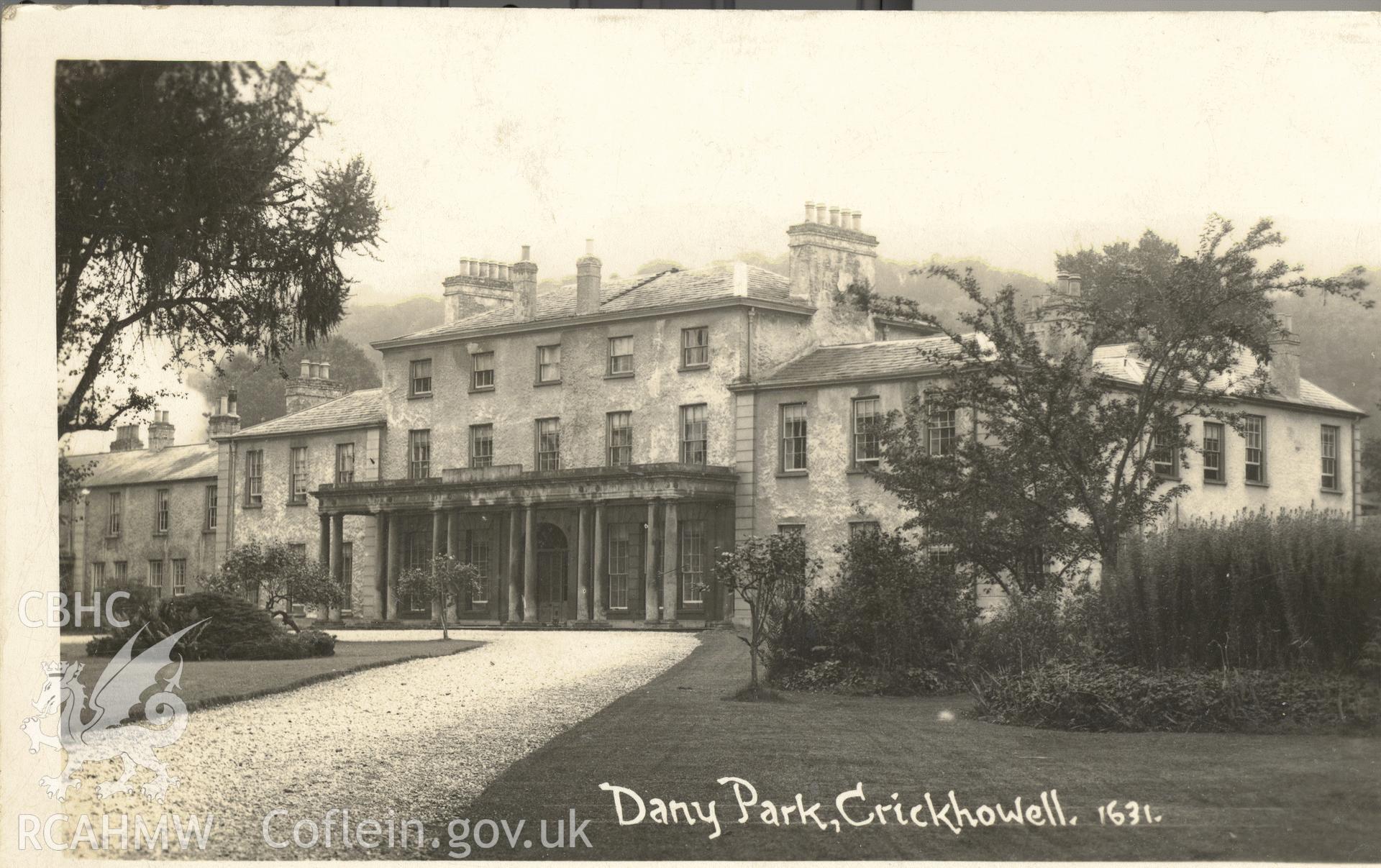 Digitised postcard image of Dan-y-Park, Llangattock. Produced by Parks and Gardens Data Services, from an original item in the Peter Davis Collection at Parks and Gardens UK. We hold only web-resolution images of this collection, suitable for viewing on screen and for research purposes only. We do not hold the original images, or publication quality scans.