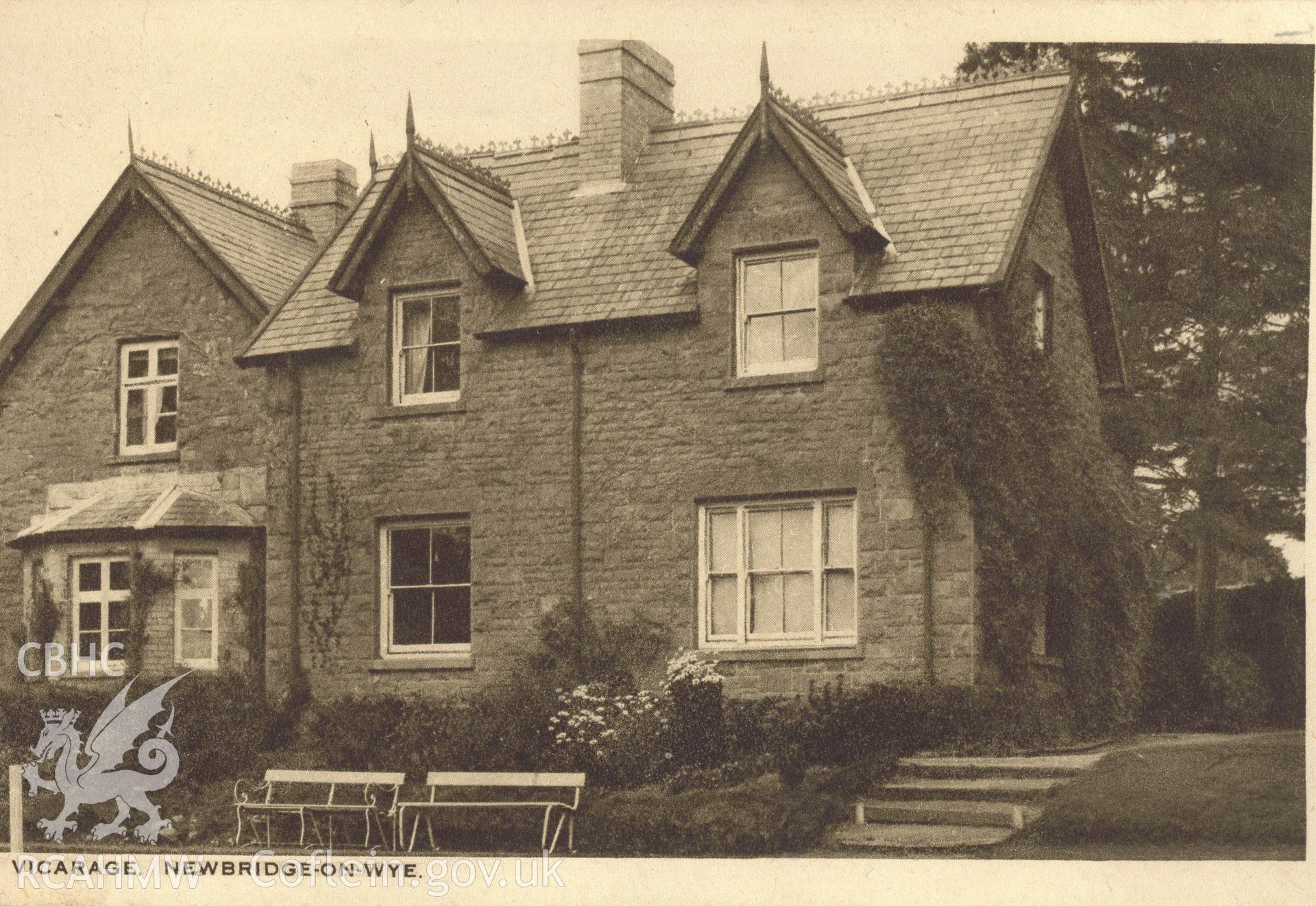 Digitised postcard image of the Vicarage, Newbridge on Wye, Mrs A. Pritchard, Post Office, Newbridge on Wye. Unlocated. Produced by Parks and Gardens Data Services, from an original item in the Peter Davis Collection at Parks and Gardens UK. We hold only web-resolution images of this collection, suitable for viewing on screen and for research purposes only. We do not hold the original images, or publication quality scans.