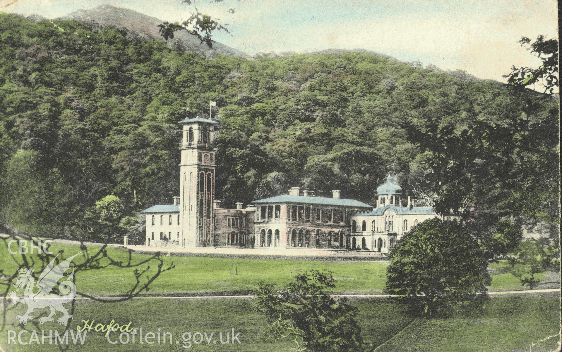Digitised postcard image of Hafod Uchtryd mansion. Produced by Parks and Gardens Data Services, from an original item in the Peter Davis Collection at Parks and Gardens UK. We hold only web-resolution images of this collection, suitable for viewing on screen and for research purposes only. We do not hold the original images, or publication quality scans.