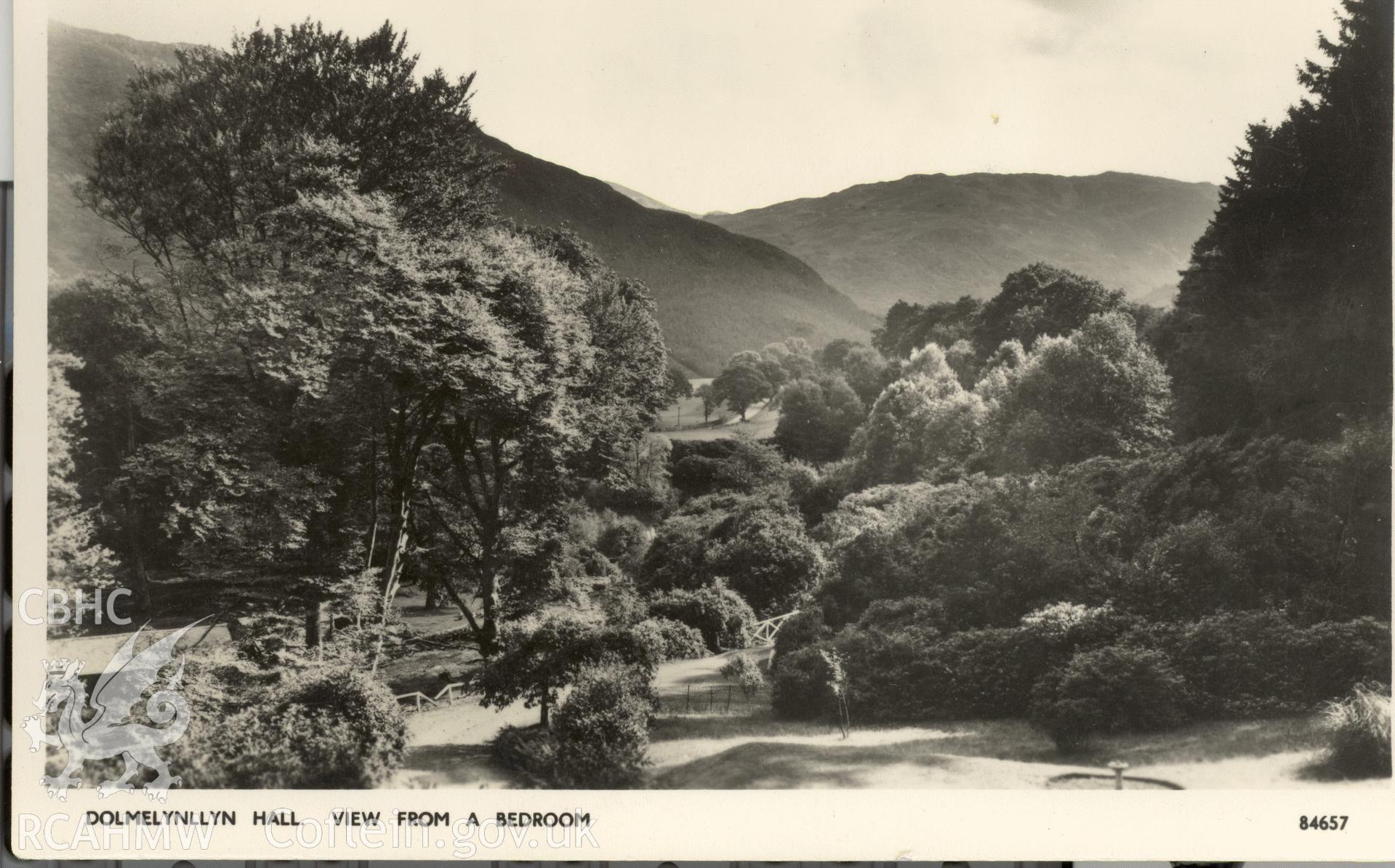 Digitised postcard image of view from bedroom, Dolmelynllyn Hall, Ganllwyd, Photochrom Graphic Works Tunbridge Wells. Produced by Parks and Gardens Data Services, from an original item in the Peter Davis Collection at Parks and Gardens UK. We hold only web-resolution images of this collection, suitable for viewing on screen and for research purposes only. We do not hold the original images, or publication quality scans.