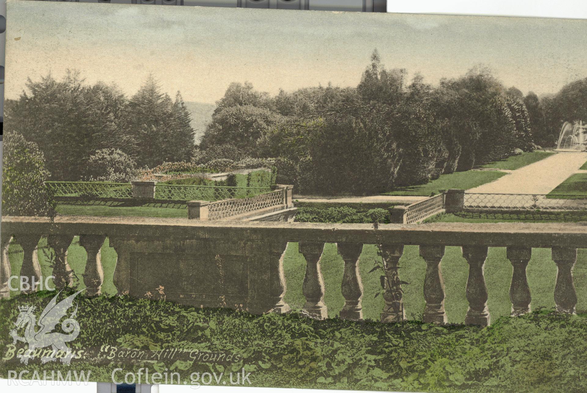 Digitised postcard image of Baron Hill Gardens, Beaumaris, F. Frith and Co. Ltd,. Produced by Parks and Gardens Data Services, from an original item in the Peter Davis Collection at Parks and Gardens UK. We hold only web-resolution images of this collection, suitable for viewing on screen and for research purposes only. We do not hold the original images, or publication quality scans.