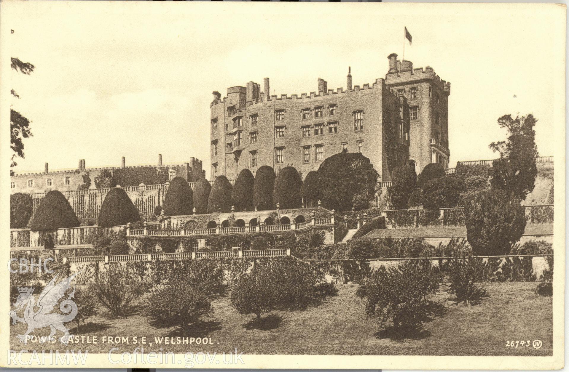 Digitised postcard image of Powis Castle showing Castle and terraces, Valentines Series. Produced by Parks and Gardens Data Services, from an original item in the Peter Davis Collection at Parks and Gardens UK. We hold only web-resolution images of this collection, suitable for viewing on screen and for research purposes only. We do not hold the original images, or publication quality scans.