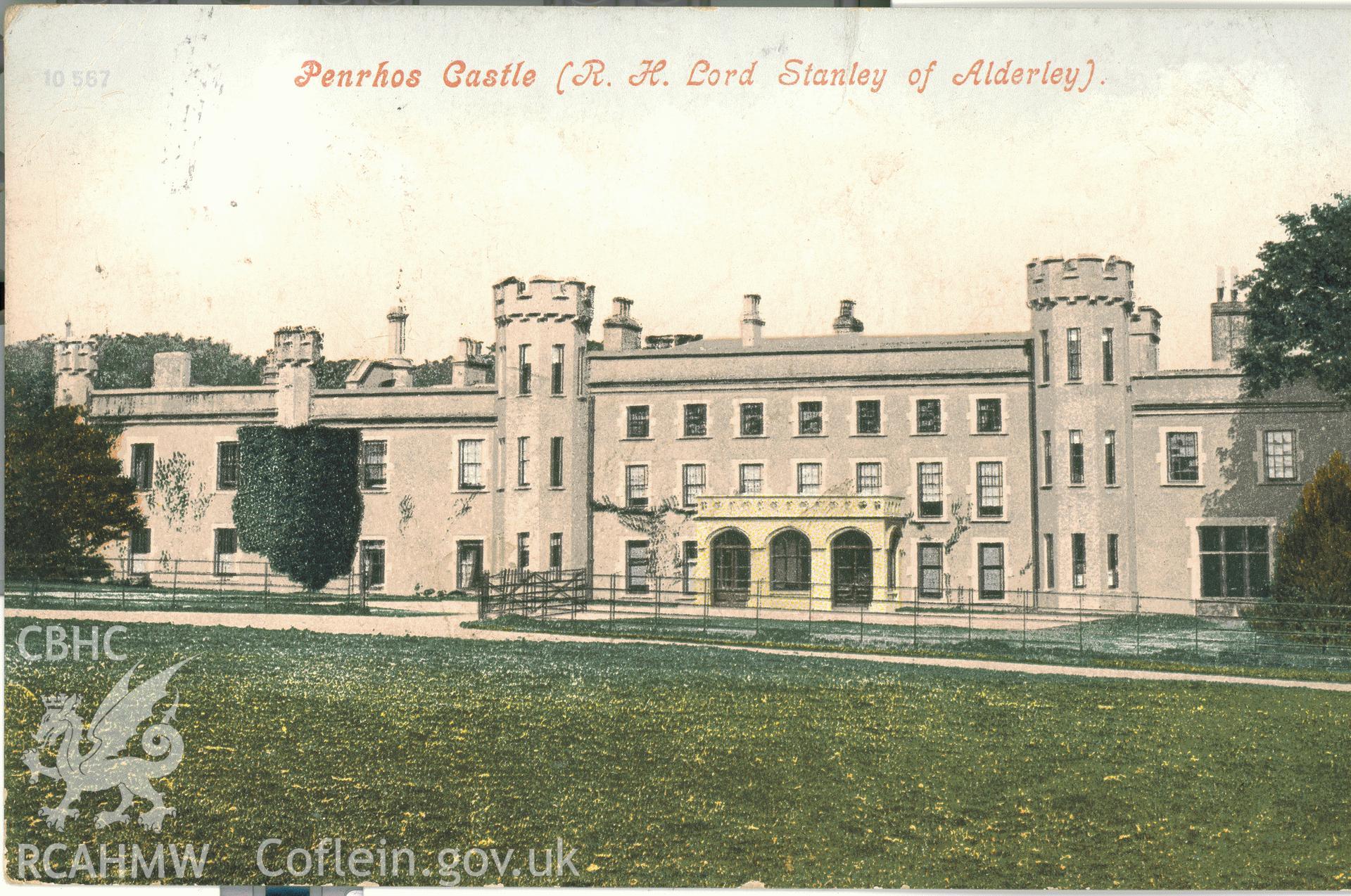 Digitised postcard image of Penrhos, Holyhead. Produced by Parks and Gardens Data Services, from an original item in the Peter Davis Collection at Parks and Gardens UK. We hold only web-resolution images of this collection, suitable for viewing on screen and for research purposes only. We do not hold the original images, or publication quality scans.