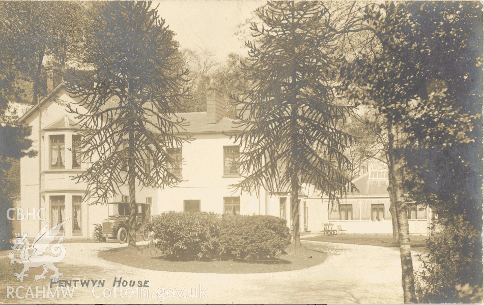 Digitised postcard image of Pen-twyn, Pentwynmawr. Produced by Parks and Gardens Data Services, from an original item in the Peter Davis Collection at Parks and Gardens UK. We hold only web-resolution images of this collection, suitable for viewing on screen and for research purposes only. We do not hold the original images, or publication quality scans.