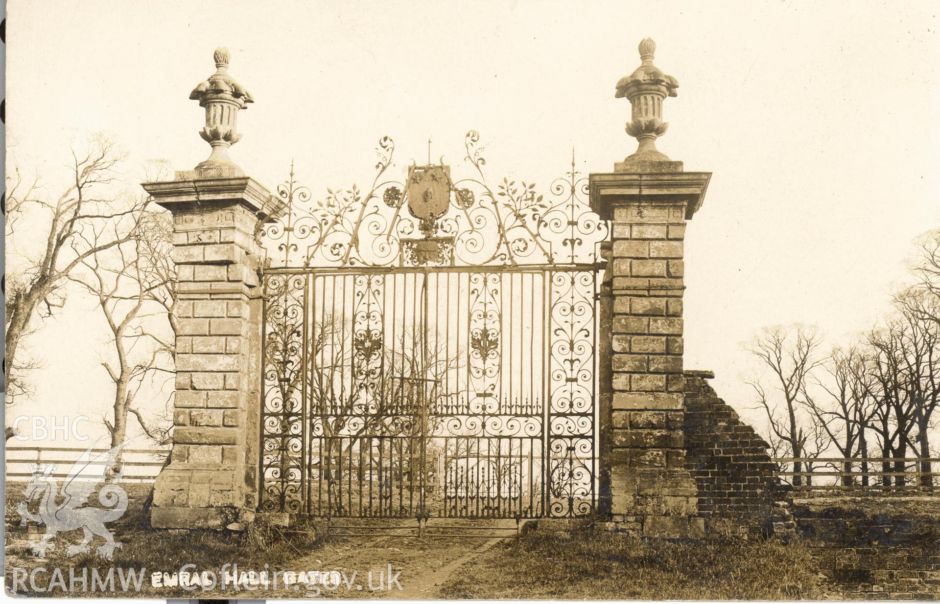 Digitised postcard image of Emral Hall, Wothenbury, entrance gates. Produced by Parks and Gardens Data Services, from an original item in the Peter Davis Collection at Parks and Gardens UK. We hold only web-resolution images of this collection, suitable for viewing on screen and for research purposes only. We do not hold the original images, or publication quality scans.