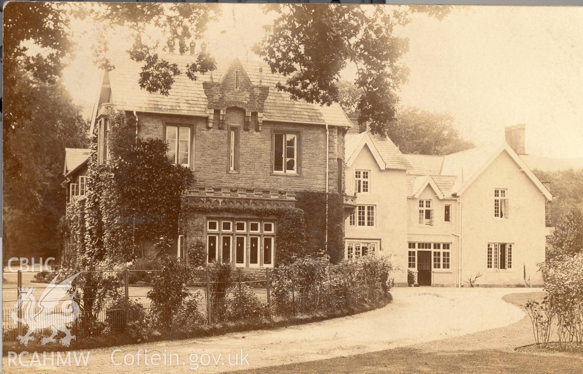 Digitised postcard image of Llangattock Park House. Produced by Parks and Gardens Data Services, from an original item in the Peter Davis Collection at Parks and Gardens UK. We hold only web-resolution images of this collection, suitable for viewing on screen and for research purposes only. We do not hold the original images, or publication quality scans.