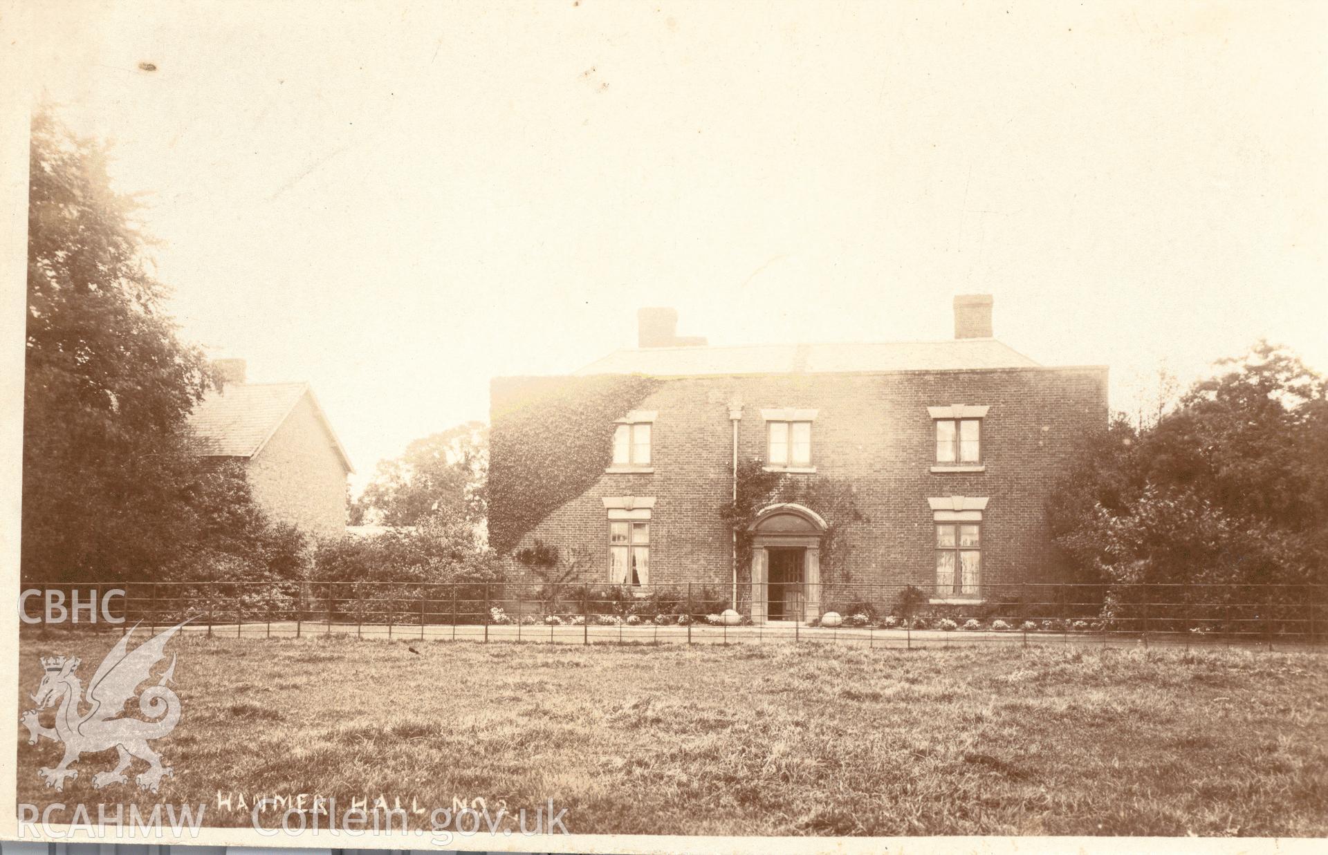 Digitised postcard image of Hanmer Hall Farm. Produced by Parks and Gardens Data Services, from an original item in the Peter Davis Collection at Parks and Gardens UK. We hold only web-resolution images of this collection, suitable for viewing on screen and for research purposes only. We do not hold the original images, or publication quality scans.