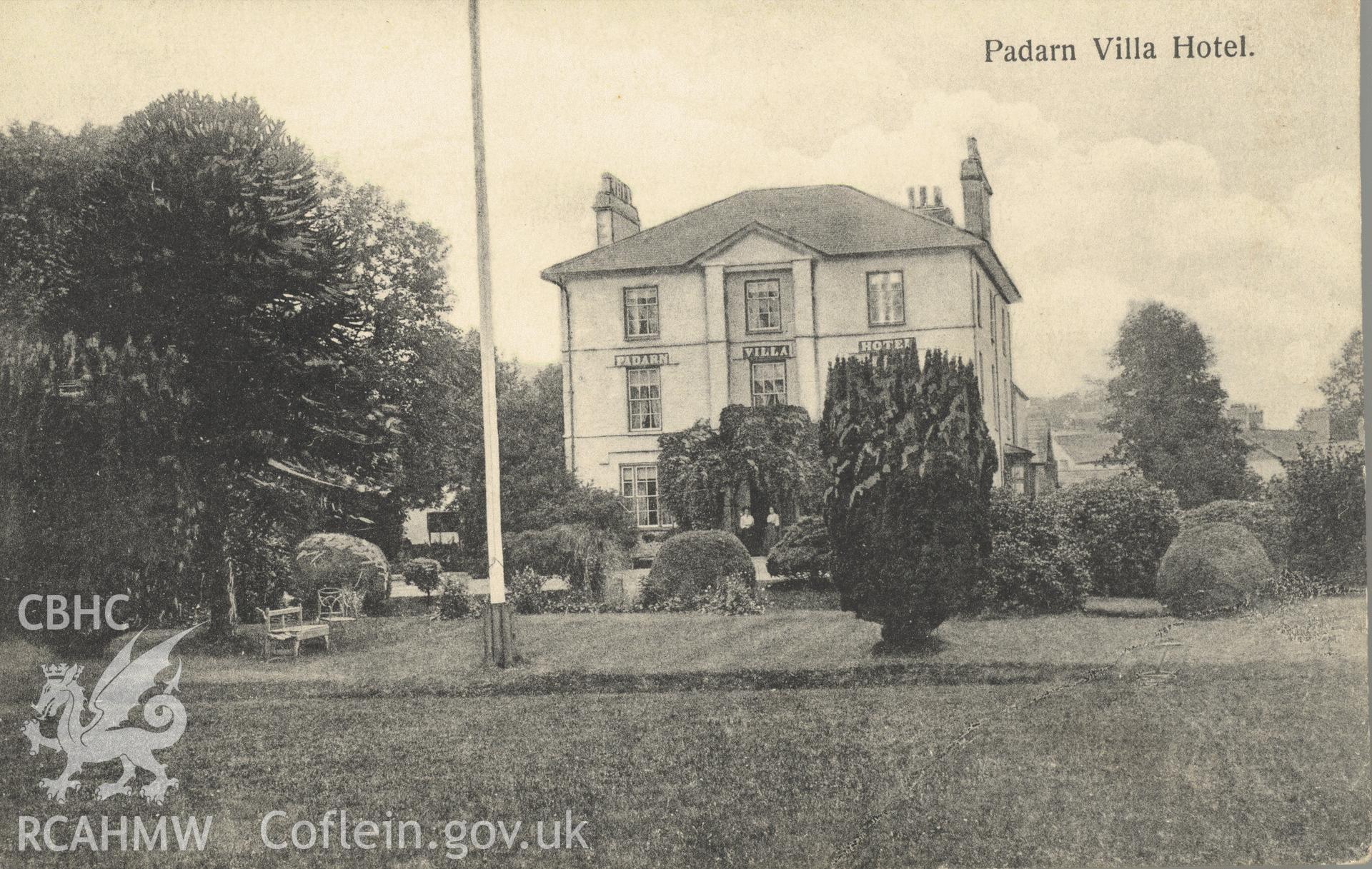 Digitised postcard image of Padarn Villa Hotel, Llanberis. Produced by Parks and Gardens Data Services, from an original item in the Peter Davis Collection at Parks and Gardens UK. We hold only web-resolution images of this collection, suitable for viewing on screen and for research purposes only. We do not hold the original images, or publication quality scans.