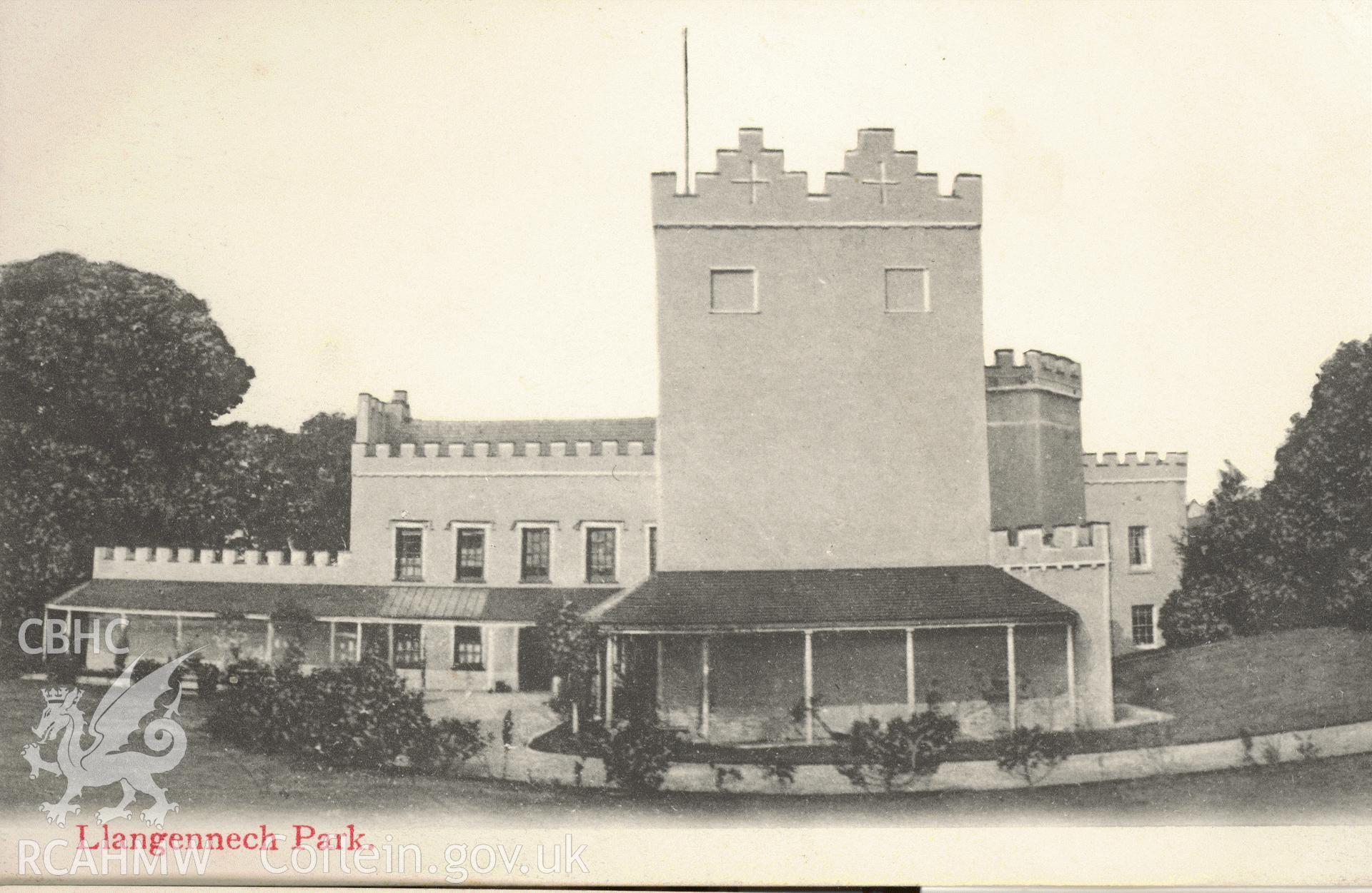 Digitised postcard image of Llangennech Park Mansion. Produced by Parks and Gardens Data Services, from an original item in the Peter Davis Collection at Parks and Gardens UK. We hold only web-resolution images of this collection, suitable for viewing on screen and for research purposes only. We do not hold the original images, or publication quality scans.