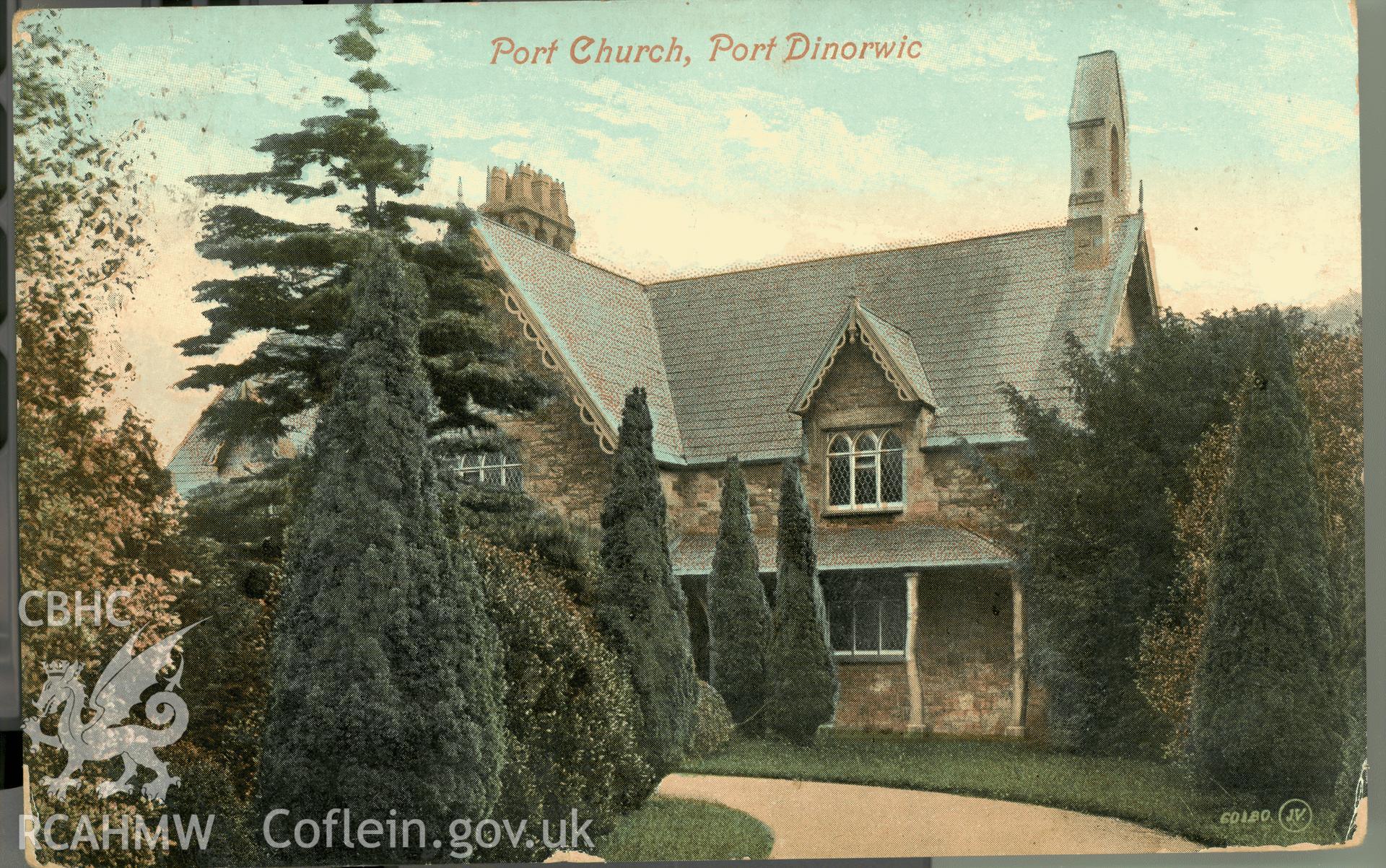 Digitised postcard image of Port Church, Y Felinheli, Valentine and Sons Ltd. Produced by Parks and Gardens Data Services, from an original item in the Peter Davis Collection at Parks and Gardens UK. We hold only web-resolution images of this collection, suitable for viewing on screen and for research purposes only.  We do not hold the original images, or publication quality scans.