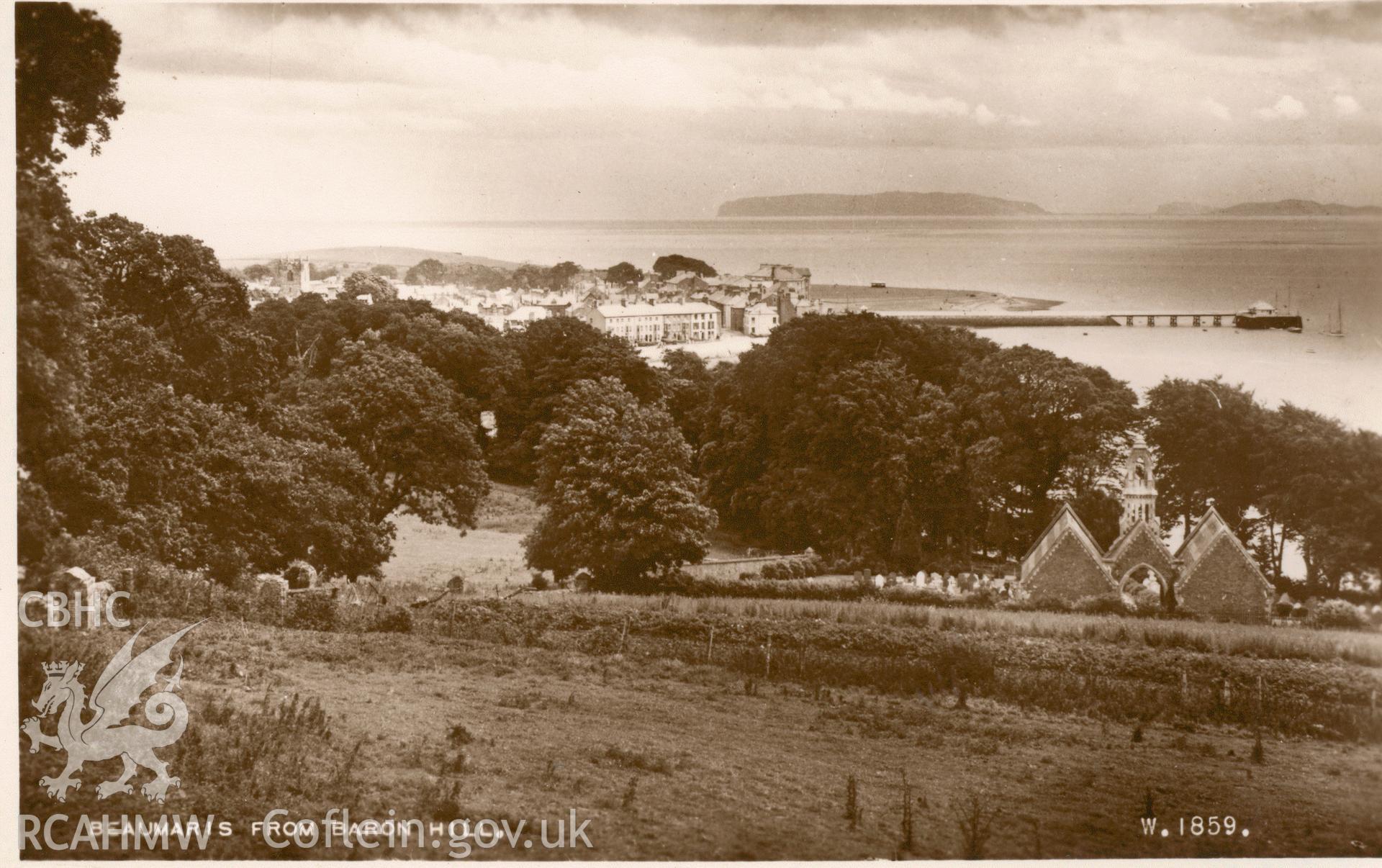 Digitised postcard image of view of Beaumaris town from Baron Hill, F. Frith and Co. Ltd. Produced by Parks and Gardens Data Services, from an original item in the Peter Davis Collection at Parks and Gardens UK. We hold only web-resolution images of this collection, suitable for viewing on screen and for research purposes only. We do not hold the original images, or publication quality scans.