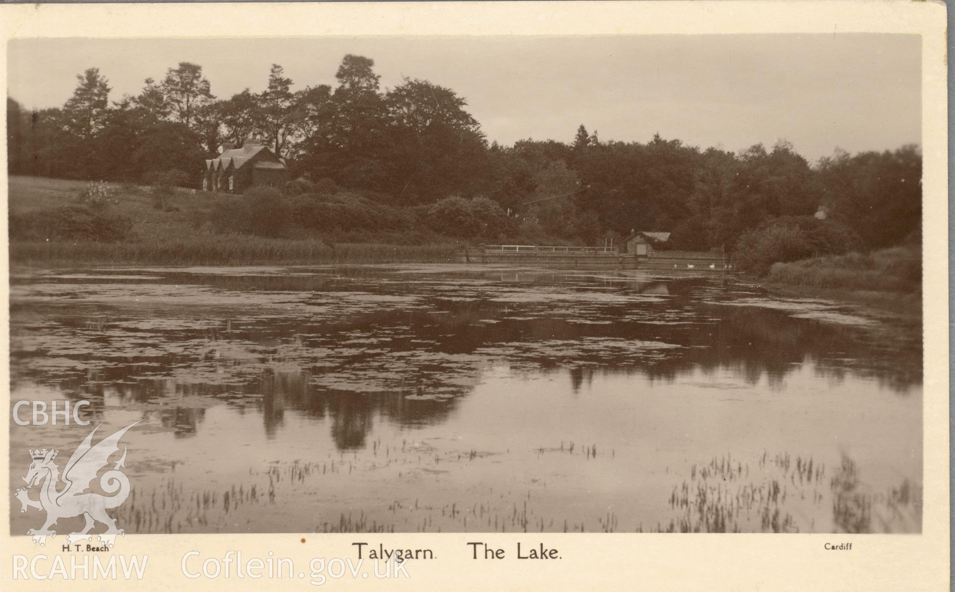 Digitised postcard image of the Lake, Talygarn, Pont-y-Clun, H.T. Beach, The Studio, 238 Whitchurch Road, Cardiff. Produced by Parks and Gardens Data Services, from an original item in the Peter Davis Collection at Parks and Gardens UK. We hold only web-resolution images of this collection, suitable for viewing on screen and for research purposes only. We do not hold the original images, or publication quality scans.