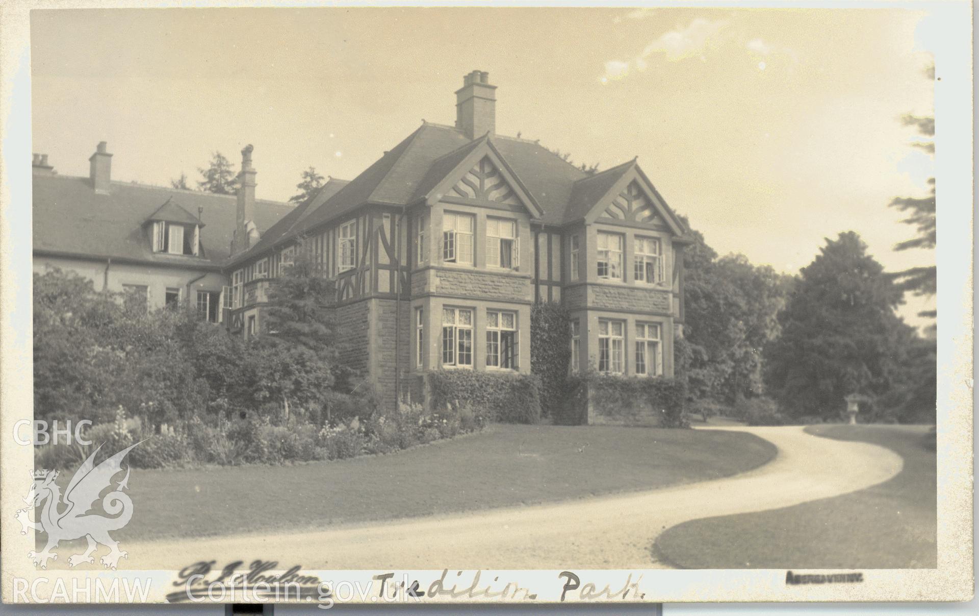 Digitised postcard image of Tredilion Park, Abergavenny, R.J. Houlson, Abergavenny. Produced by Parks and Gardens Data Services, from an original item in the Peter Davis Collection at Parks and Gardens UK. We hold only web-resolution images of this collection, suitable for viewing on screen and for research purposes only. We do not hold the original images, or publication quality scans.