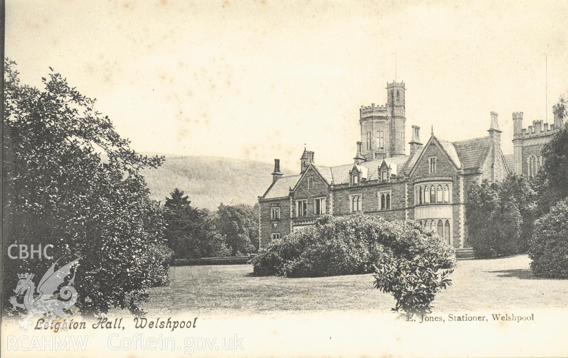 Digitised postcard image of Leighton Hall, Forden, E. Jones, Stationer, Welshpool. Produced by Parks and Gardens Data Services, from an original item in the Peter Davis Collection at Parks and Gardens UK. We hold only web-resolution images of this collection, suitable for viewing on screen and for research purposes only. We do not hold the original images, or publication quality scans.