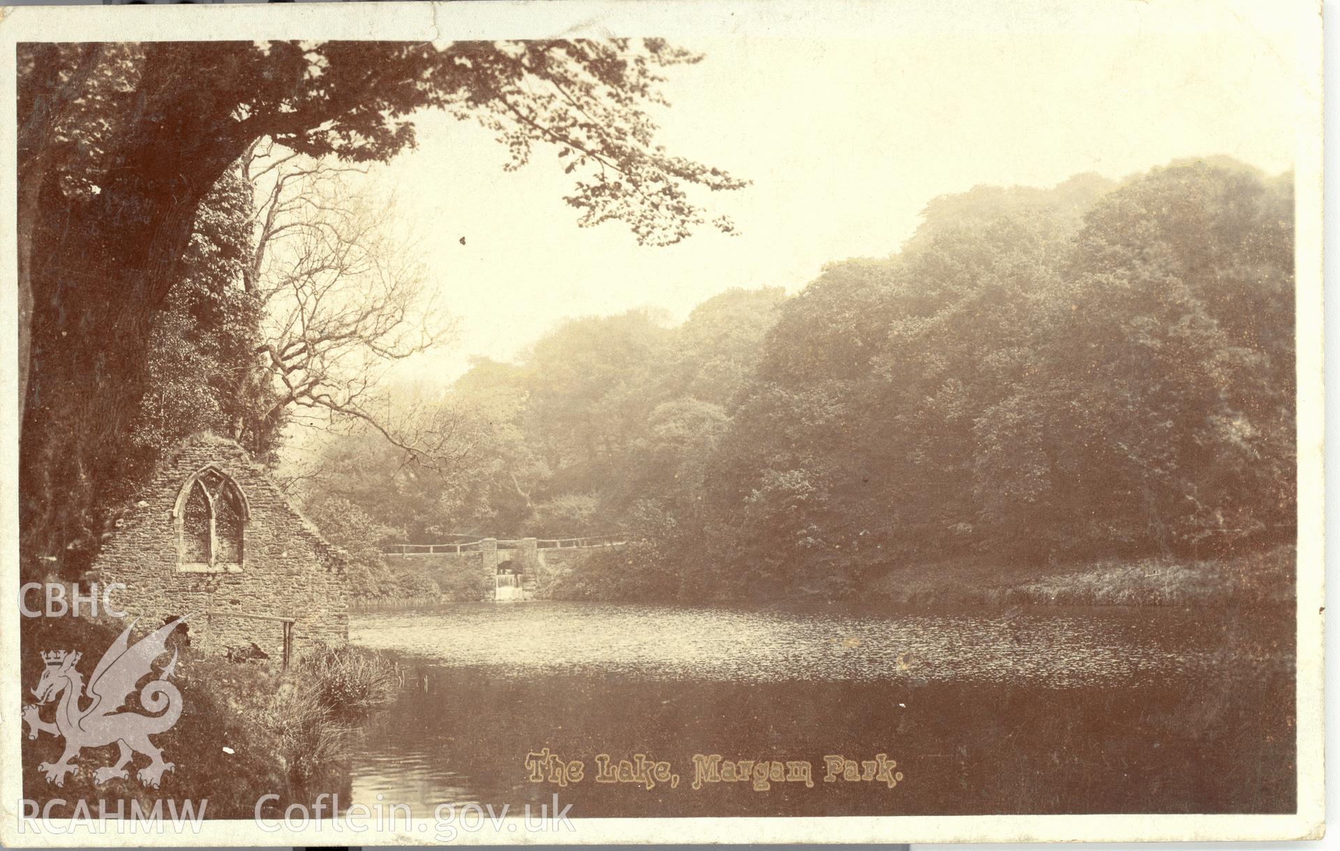 Digitised postcard image of the lake, Margam park gardens, F.W. Holloway, Windsor Road, Neath. Produced by Parks and Gardens Data Services, from an original item in the Peter Davis Collection at Parks and Gardens UK. We hold only web-resolution images of this collection, suitable for viewing on screen and for research purposes only. We do not hold the original images, or publication quality scans.