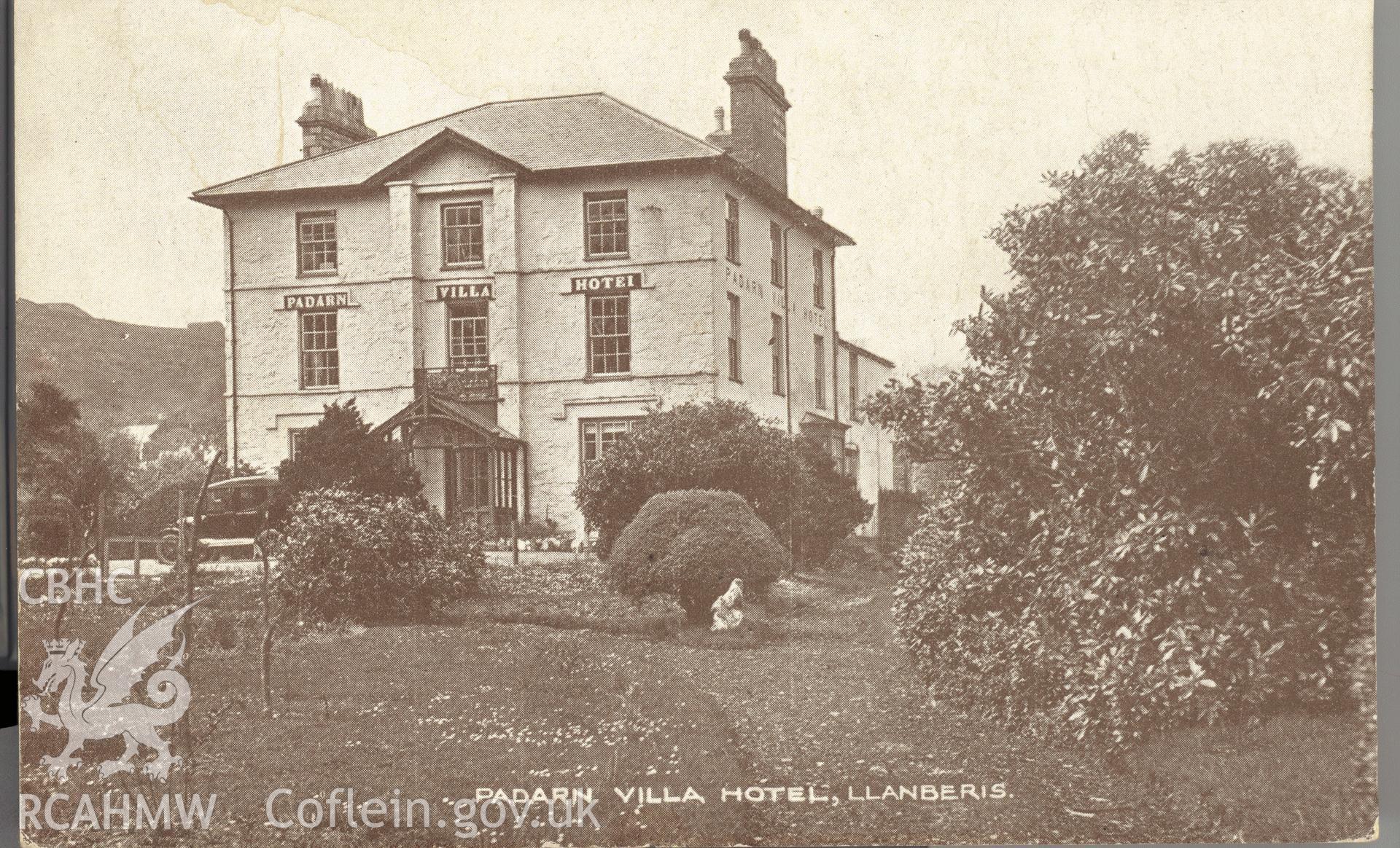 Digitised postcard image of Padarn Villa Hotel, Llanberis, A.P. Francis, Llanberis. Produced by Parks and Gardens Data Services, from an original item in the Peter Davis Collection at Parks and Gardens UK. We hold only web-resolution images of this collection, suitable for viewing on screen and for research purposes only. We do not hold the original images, or publication quality scans.