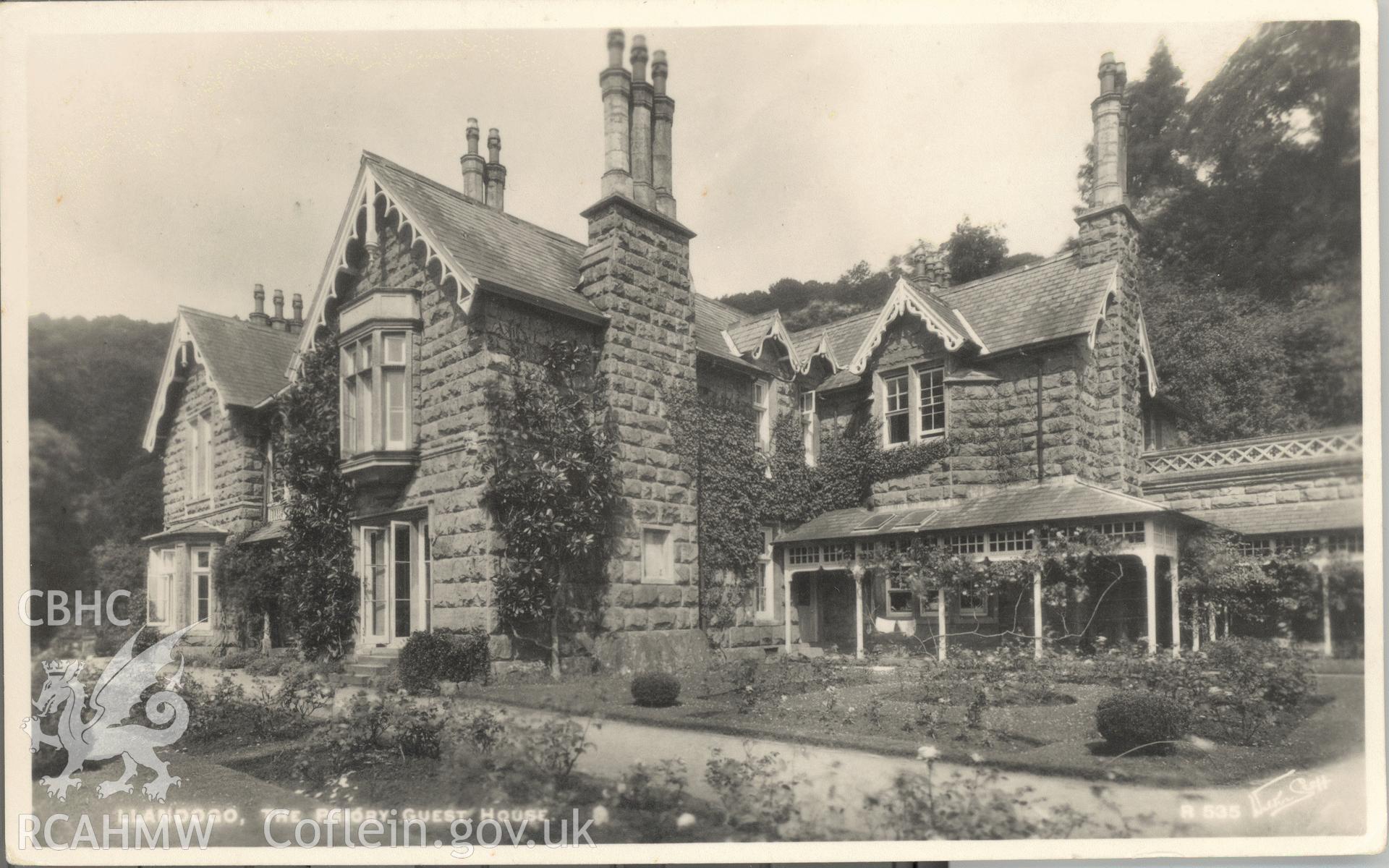 Digitised postcard image of the Priory, Llandogo, Walter Scott, Bradford. Produced by Parks and Gardens Data Services, from an original item in the Peter Davis Collection at Parks and Gardens UK. We hold only web-resolution images of this collection, suitable for viewing on screen and for research purposes only. We do not hold the original images, or publication quality scans.