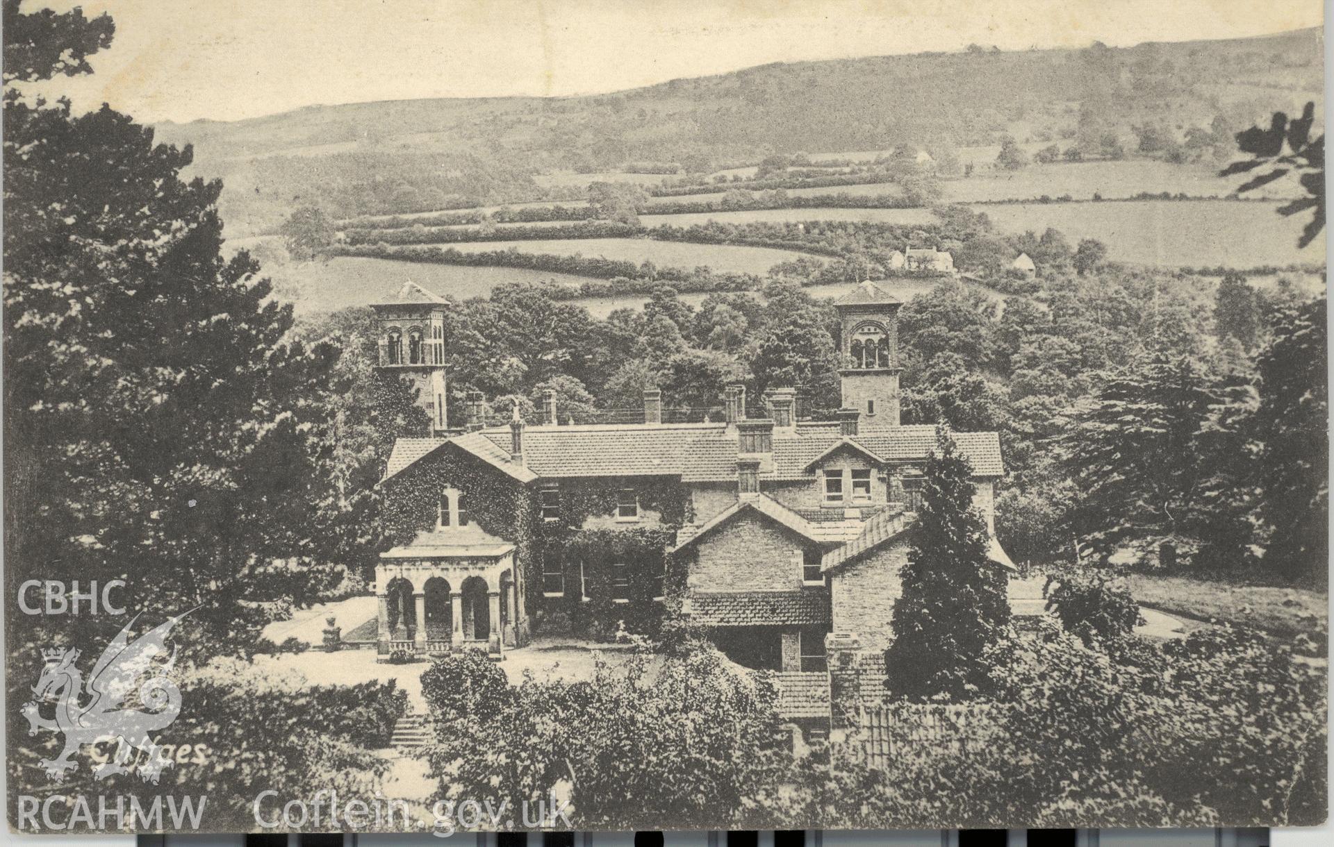 Digitised postcard image of Gliffaes House. Produced by Parks and Gardens Data Services, from an original item in the Peter Davis Collection at Parks and Gardens UK. We hold only web-resolution images of this collection, suitable for viewing on screen and for research purposes only. We do not hold the original images, or publication quality scans.