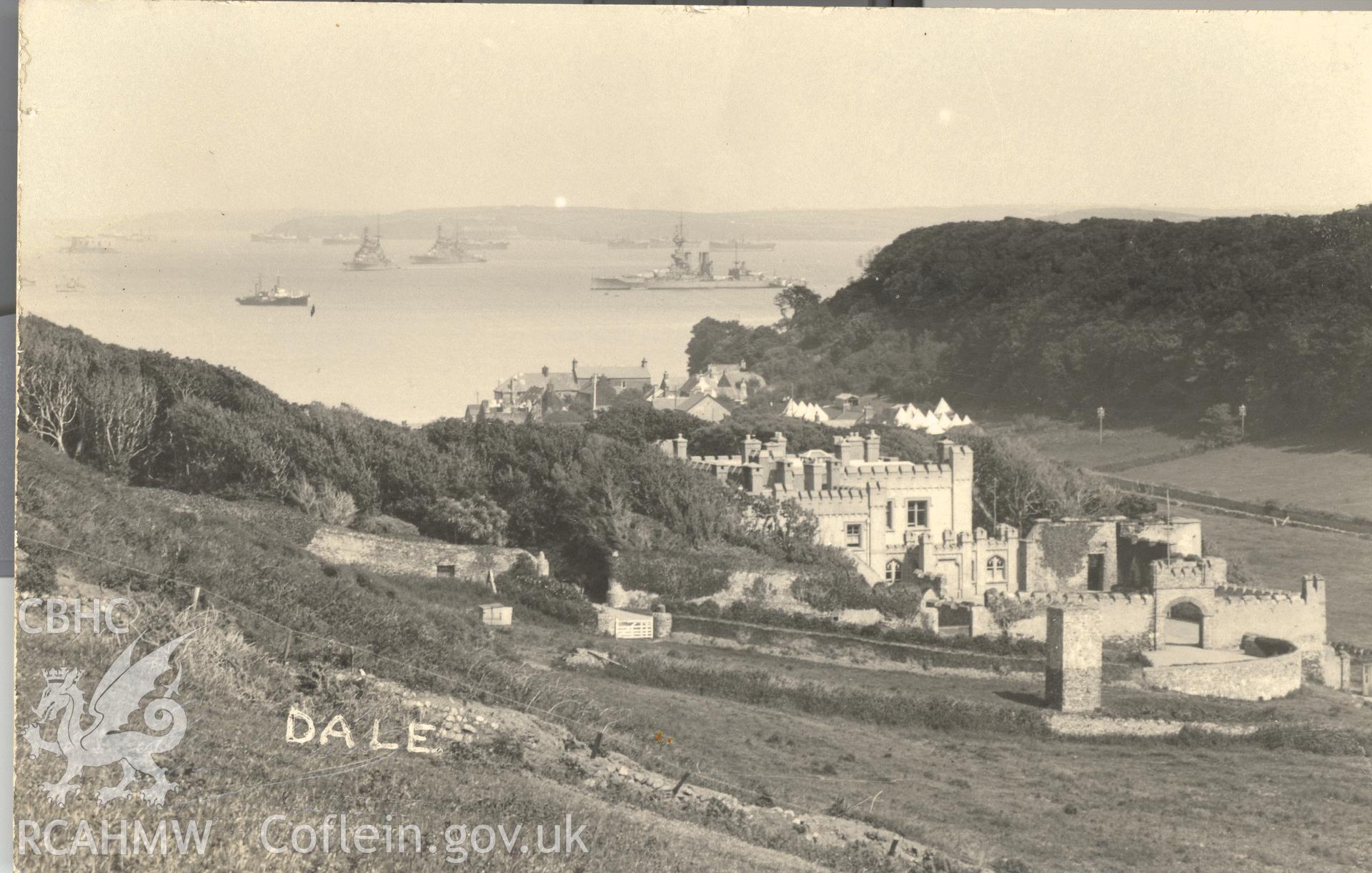 Digitised postcard image of Dale Castle, Griffiths Haverfordwest and Milford Haven. Produced by Parks and Gardens Data Services, from an original item in the Peter Davis Collection at Parks and Gardens UK. We hold only web-resolution images of this collection, suitable for viewing on screen and for research purposes only. We do not hold the original images, or publication quality scans.