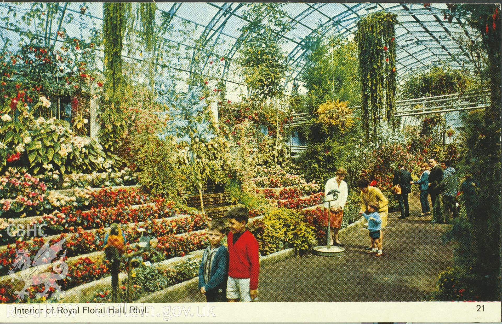 Digitised postcard image of interior of Royal Floral hall, Rhyl, B. Bamforth & Co., Ltd., Holmfirth. Produced by Parks and Gardens Data Services, from an original item in the Peter Davis Collection at Parks and Gardens UK. We hold only web-resolution images of this collection, suitable for viewing on screen and for research purposes only. We do not hold the original images, or publication quality scans.