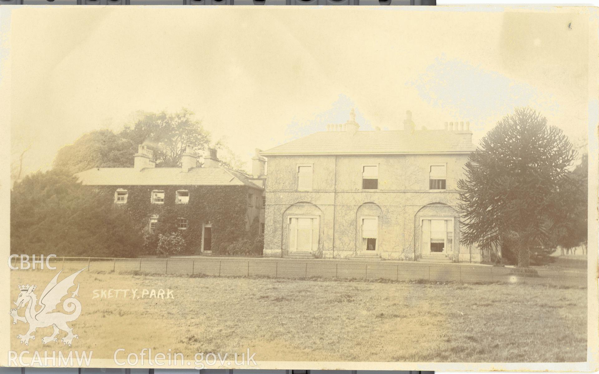 Digitised postcard image of Sketty Park House, Swansea, Reality Series. Produced by Parks and Gardens Data Services, from an original item in the Peter Davis Collection at Parks and Gardens UK. We hold only web-resolution images of this collection, suitable for viewing on screen and for research purposes only. We do not hold the original images, or publication quality scans.
