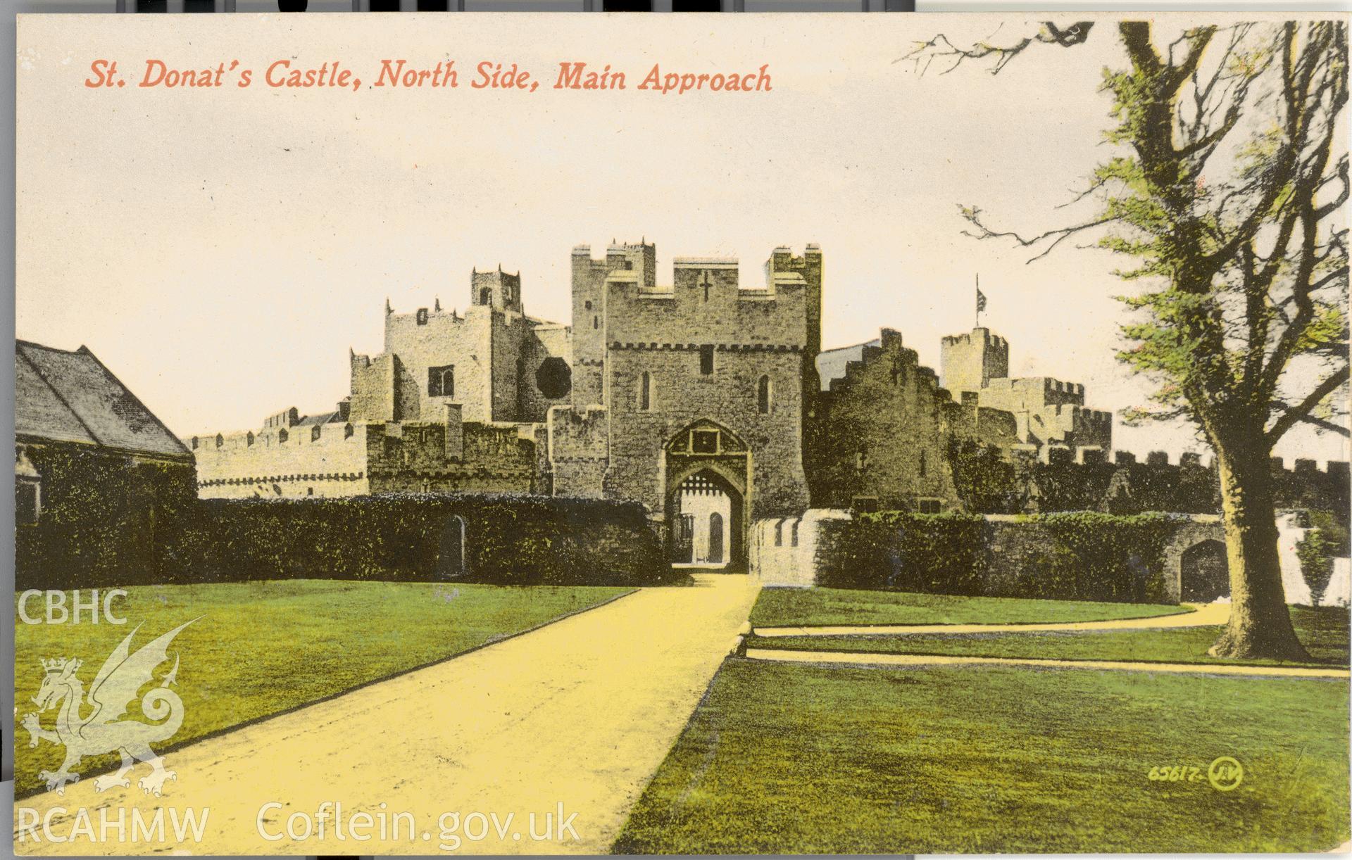 Digitised postcard image of St Donat's Castle, with Castle gate, Valentine's Series. Produced by Parks and Gardens Data Services, from an original item in the Peter Davis Collection at Parks and Gardens UK. We hold only web-resolution images of this collection, suitable for viewing on screen and for research purposes only. We do not hold the original images, or publication quality scans.