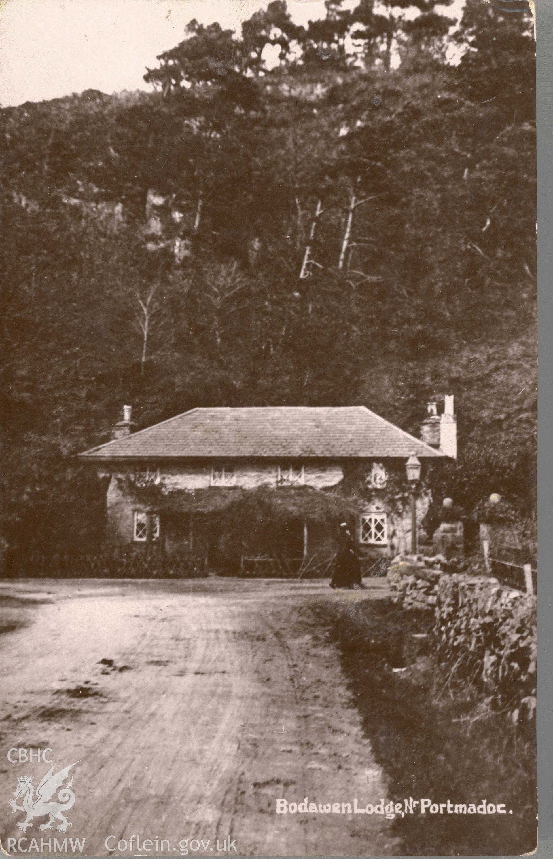 Digitised postcard image of Bodawen Lodge, Porthmadog. Produced by Parks and Gardens Data Services, from an original item in the Peter Davis Collection at Parks and Gardens UK. We hold only web-resolution images of this collection, suitable for viewing on screen and for research purposes only. We do not hold the original images, or publication quality scans.