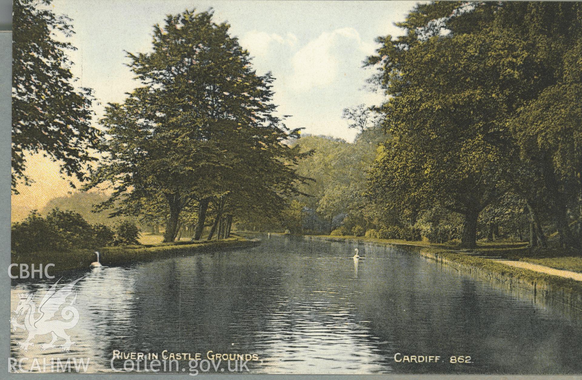 Digitised postcard image of river in castle grounds. Produced by Parks and Gardens Data Services, from an original item in the Peter Davis Collection at Parks and Gardens UK. We hold only web-resolution images of this collection, suitable for viewing on screen and for research purposes only. We do not hold the original images, or publication quality scans.