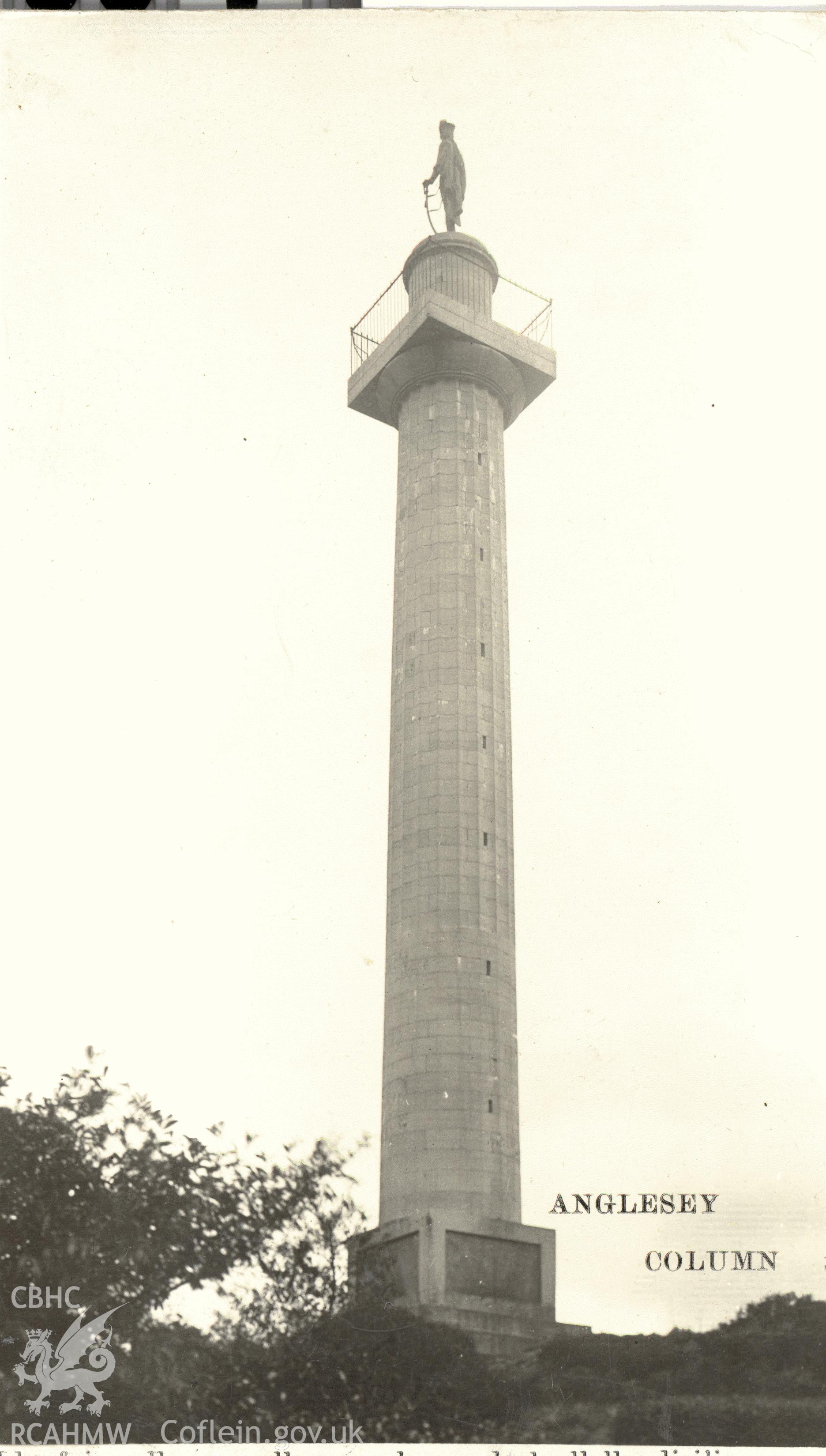 Digitised postcard image of Marquis of Anglesey's Column, Llanfair Pwllgwyngyll, J.H. Jones, Port Dinorwic. Produced by Parks and Gardens Data Services, from an original item in the Peter Davis Collection at Parks and Gardens UK. We hold only web-resolution images of this collection, suitable for viewing on screen and for research purposes only. We do not hold the original images, or publication quality scans.