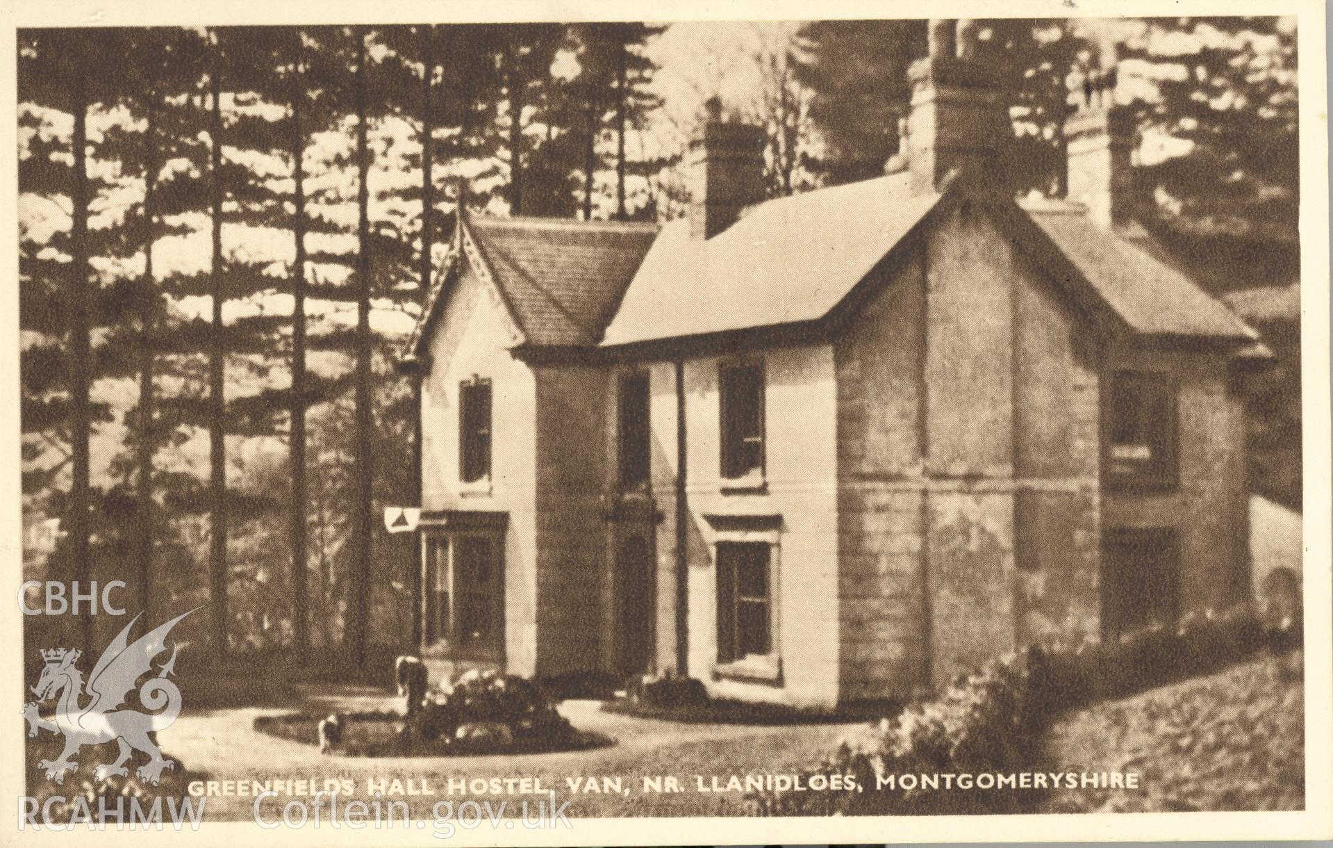 Digitised postcard image of Greenfield, Y Fan, Youth Hostels Association. Produced by Parks and Gardens Data Services, from an original item in the Peter Davis Collection at Parks and Gardens UK. We hold only web-resolution images of this collection, suitable for viewing on screen and for research purposes only. We do not hold the original images, or publication quality scans.