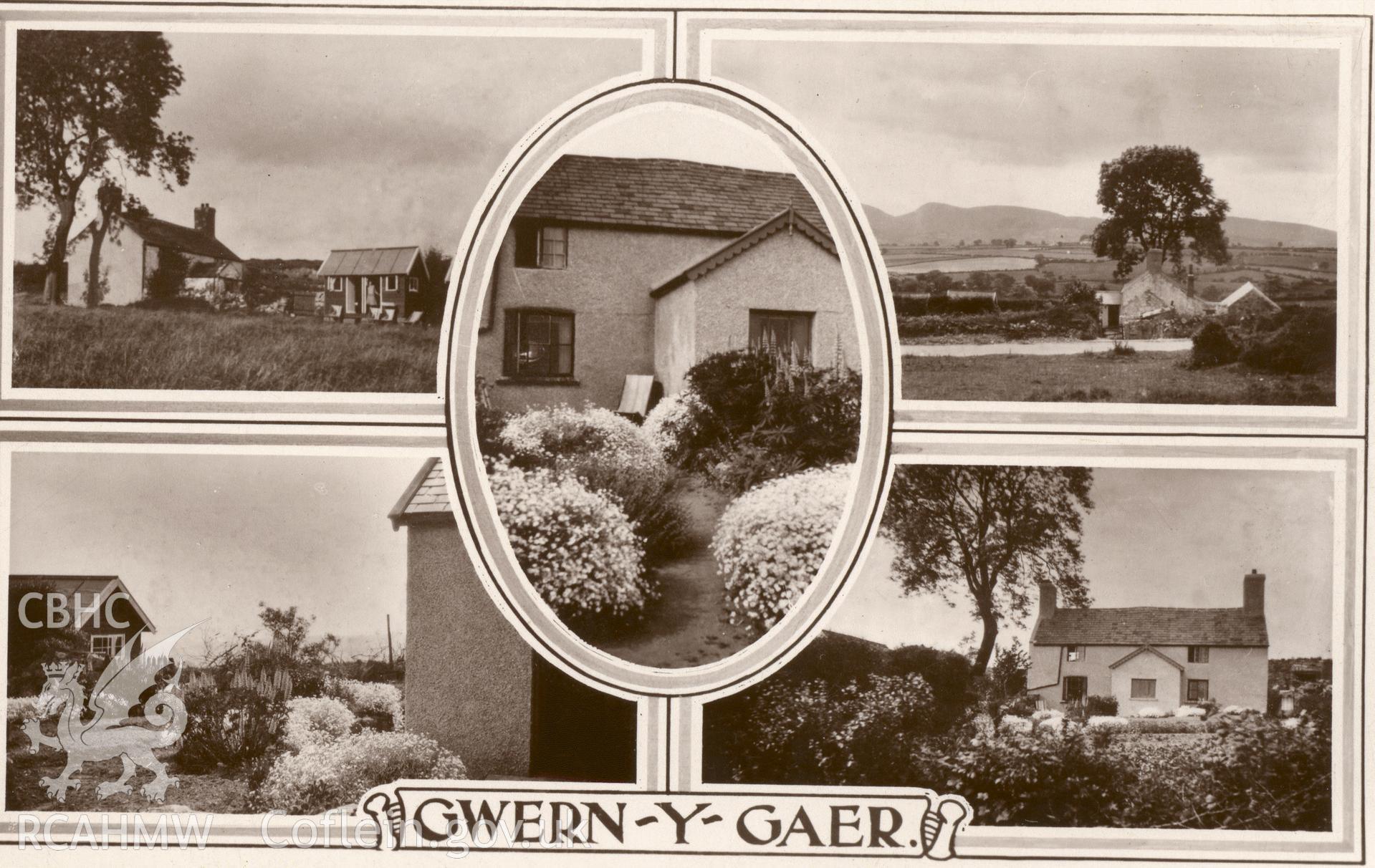 Digitised postcard image of muilt-view postcard showing Gwern-y-Caer, Halkyn. Produced by Parks and Gardens Data Services, from an original item in the Peter Davis Collection at Parks and Gardens UK. We hold only web-resolution images of this collection, suitable for viewing on screen and for research purposes only. We do not hold the original images, or publication quality scans.