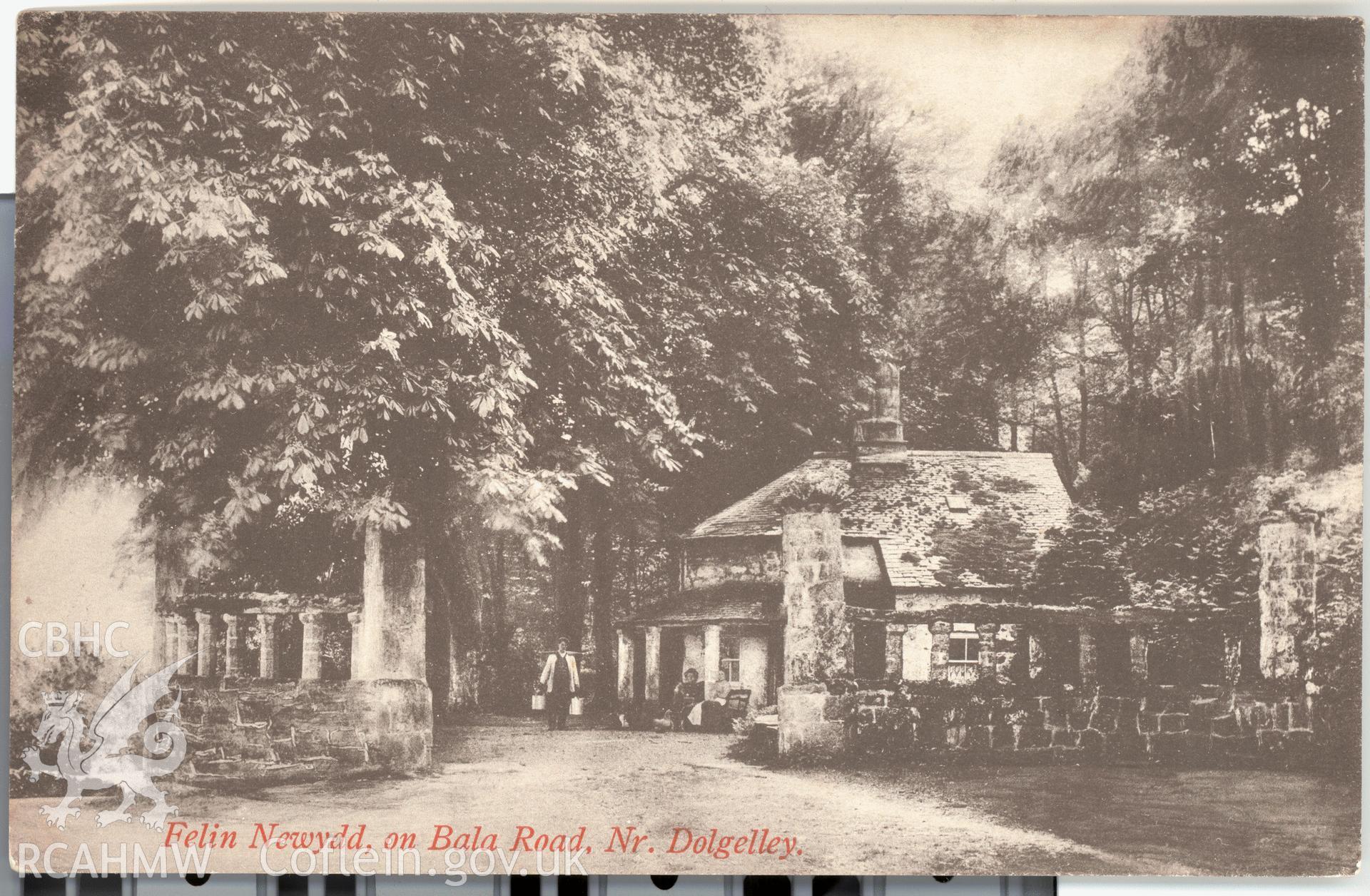 Digitised postcard image of Felin Newydd, Brithdir and Llanfachreth, F Arnfield Stationer &c., Dolgelley. Produced by Parks and Gardens Data Services, from an original item in the Peter Davis Collection at Parks and Gardens UK. We hold only web-resolution images of this collection, suitable for viewing on screen and for research purposes only. We do not hold the original images, or publication quality scans.