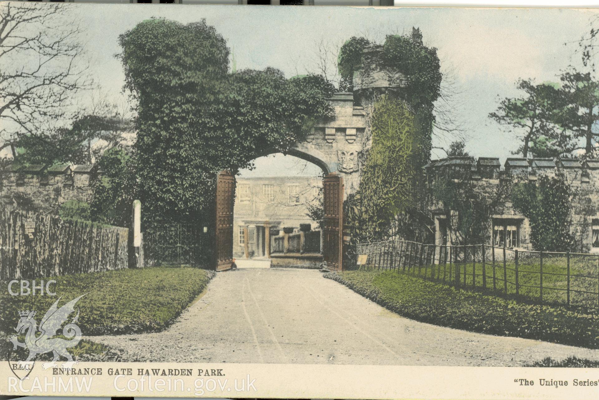 Digitised postcard image of Hawarden castle including entrance gate, The Unique Series T.S.B. & C. Produced by Parks and Gardens Data Services, from an original item in the Peter Davis Collection at Parks and Gardens UK. We hold only web-resolution images of this collection, suitable for viewing on screen and for research purposes only. We do not hold the original images, or publication quality scans.