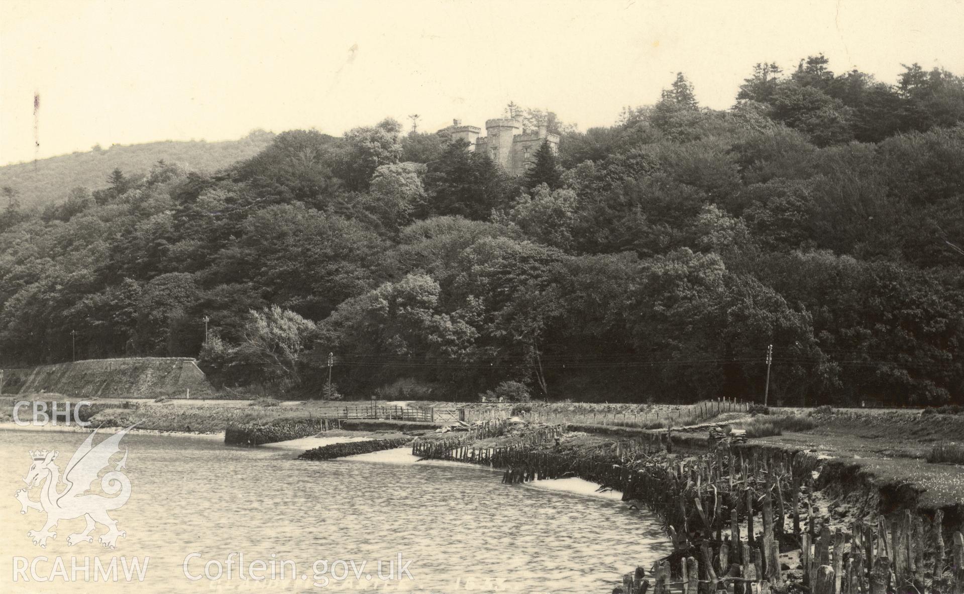 Digitised postcard image of The Castle, Glandyfi, George and Son. Produced by Parks and Gardens Data Services, from an original item in the Peter Davis Collection at Parks and Gardens UK. We hold only web-resolution images of this collection, suitable for viewing on screen and for research purposes only. We do not hold the original images, or publication quality scans.