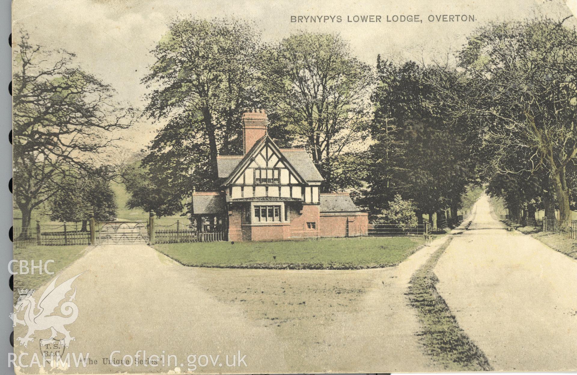 Digitised postcard image of West Lodge, Bryn-y-Pys, Overton, T.S.B.& C. The Unique series. Produced by Parks and Gardens Data Services, from an original item in the Peter Davis Collection at Parks and Gardens UK. We hold only web-resolution images of this collection, suitable for viewing on screen and for research purposes only. We do not hold the original images, or publication quality scans.