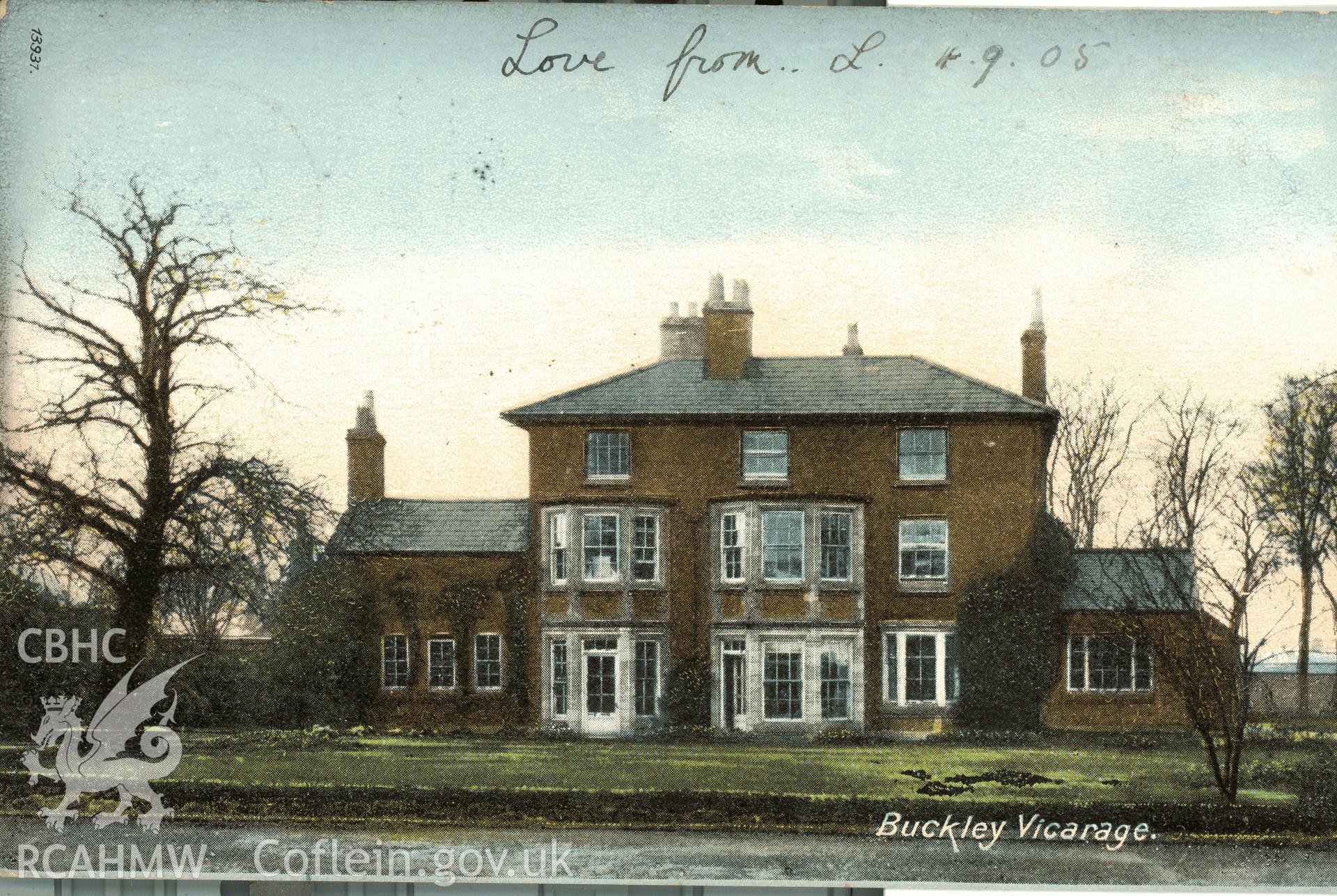 Digitised postcard image of St Matthew's church vicarage, Buckley, The Wrench Series. Produced by Parks and Gardens Data Services, from an original item in the Peter Davis Collection at Parks and Gardens UK. We hold only web-resolution images of this collection, suitable for viewing on screen and for research purposes only. We do not hold the original images, or publication quality scans.