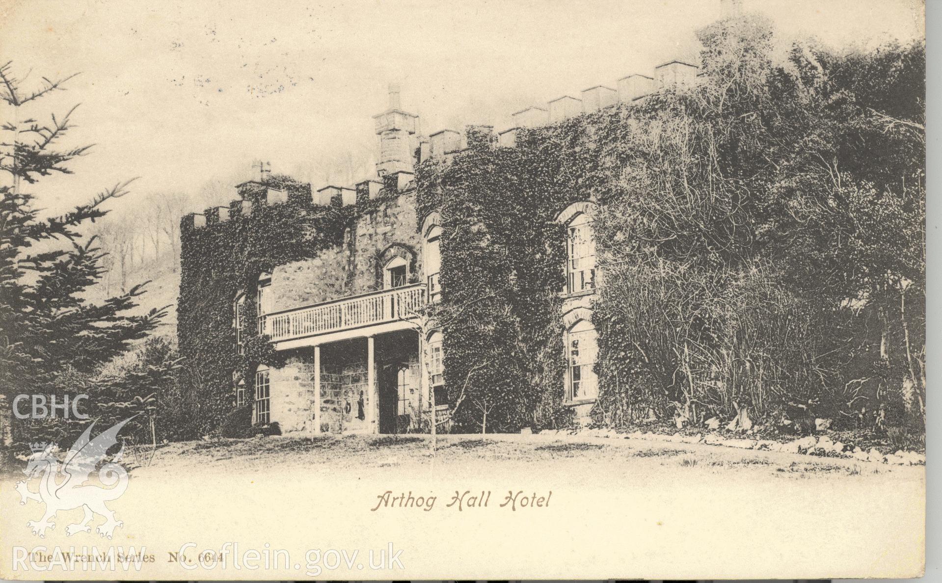 Digitised postcard image of Arthog Hall Hotel, Arthog, Wrench series. Produced by Parks and Gardens Data Services, from an original item in the Peter Davis Collection at Parks and Gardens UK. We hold only web-resolution images of this collection, suitable for viewing on screen and for research purposes only. We do not hold the original images, or publication quality scans.