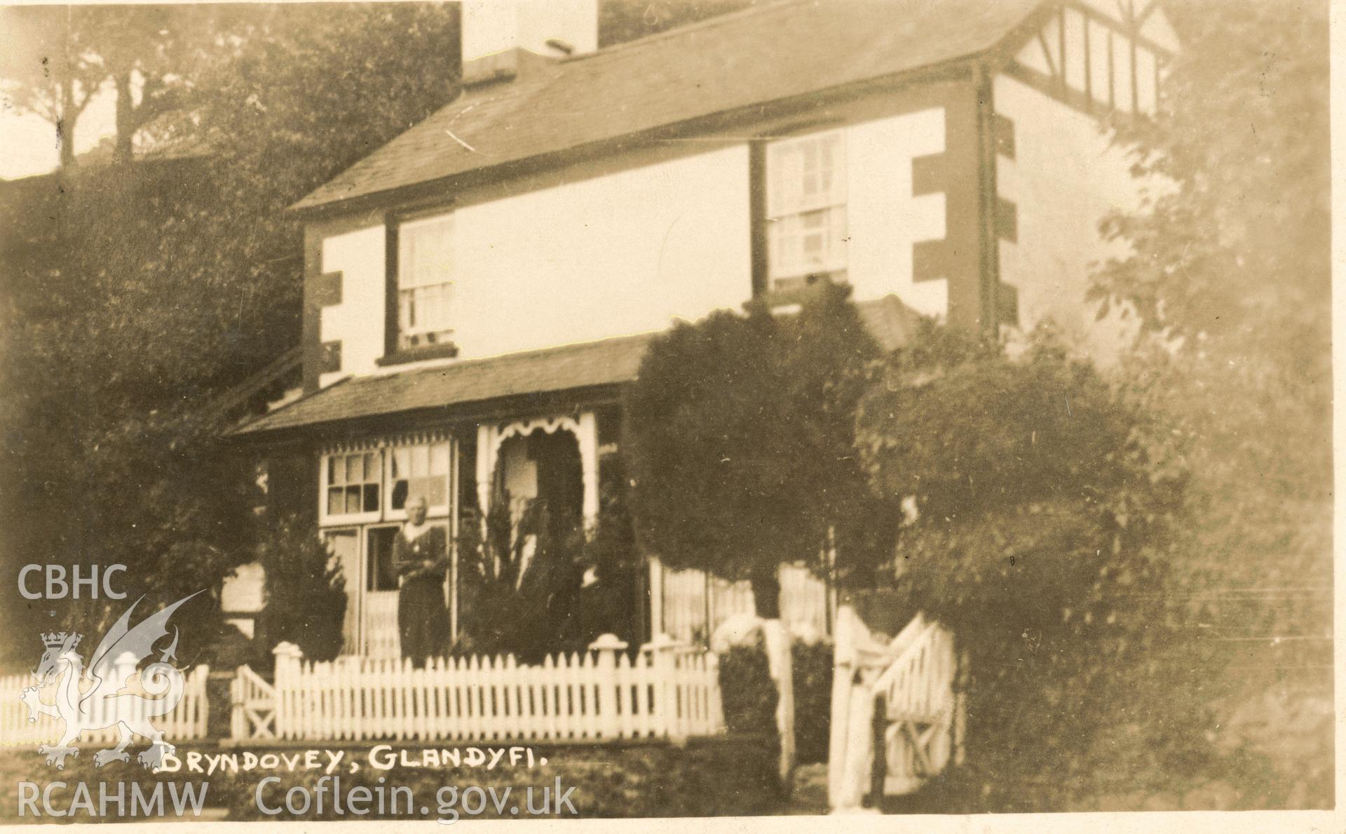 Digitised postcard image of Bryndovey, Glandyfi. Produced by Parks and Gardens Data Services, from an original item in the Peter Davis Collection at Parks and Gardens UK. We hold only web-resolution images of this collection, suitable for viewing on screen and for research purposes only. We do not hold the original images, or publication quality scans.