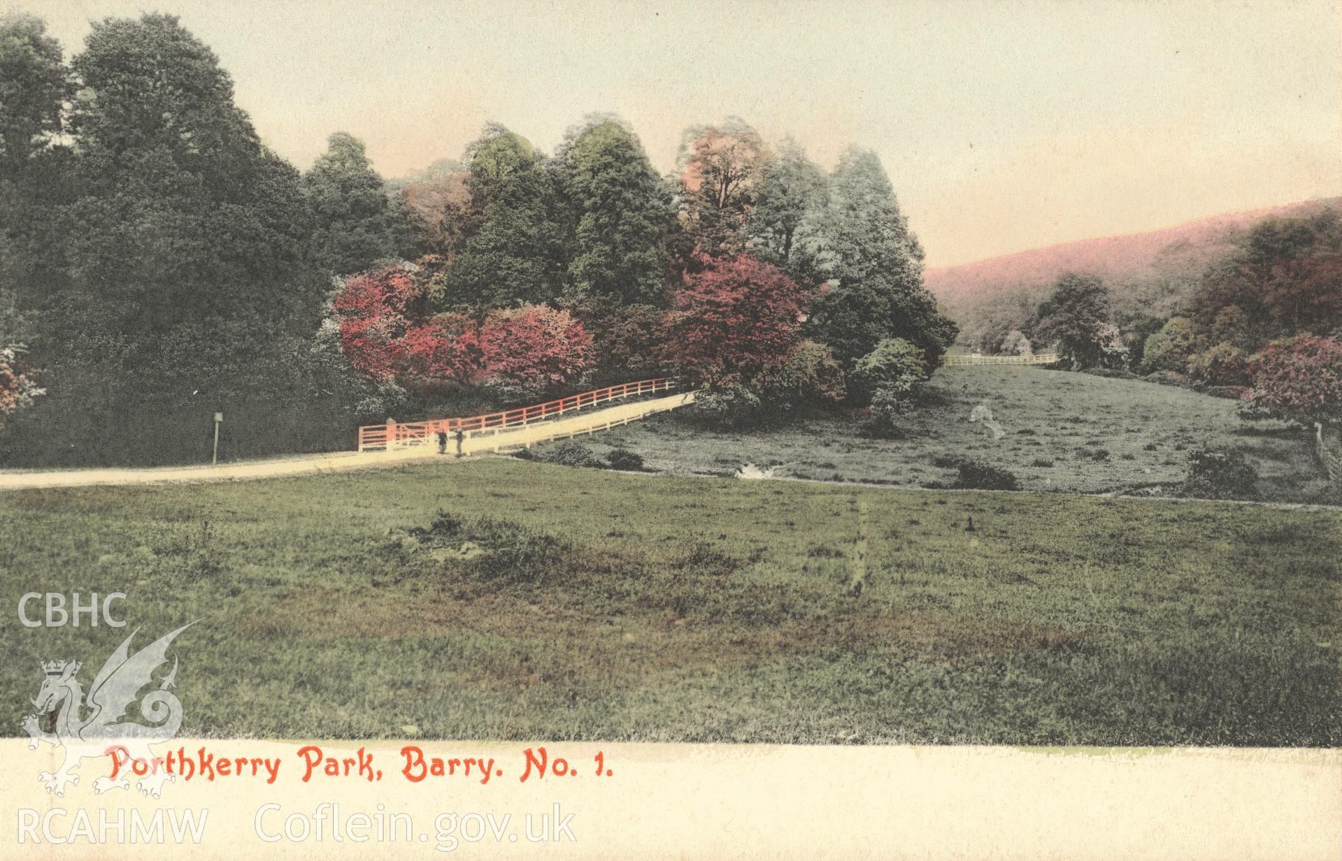 Digitised postcard image of Porthkerry Park, Rhoose. Produced by Parks and Gardens Data Services, from an original item in the Peter Davis Collection at Parks and Gardens UK. We hold only web-resolution images of this collection, suitable for viewing on screen and for research purposes only. We do not hold the original images, or publication quality scans.