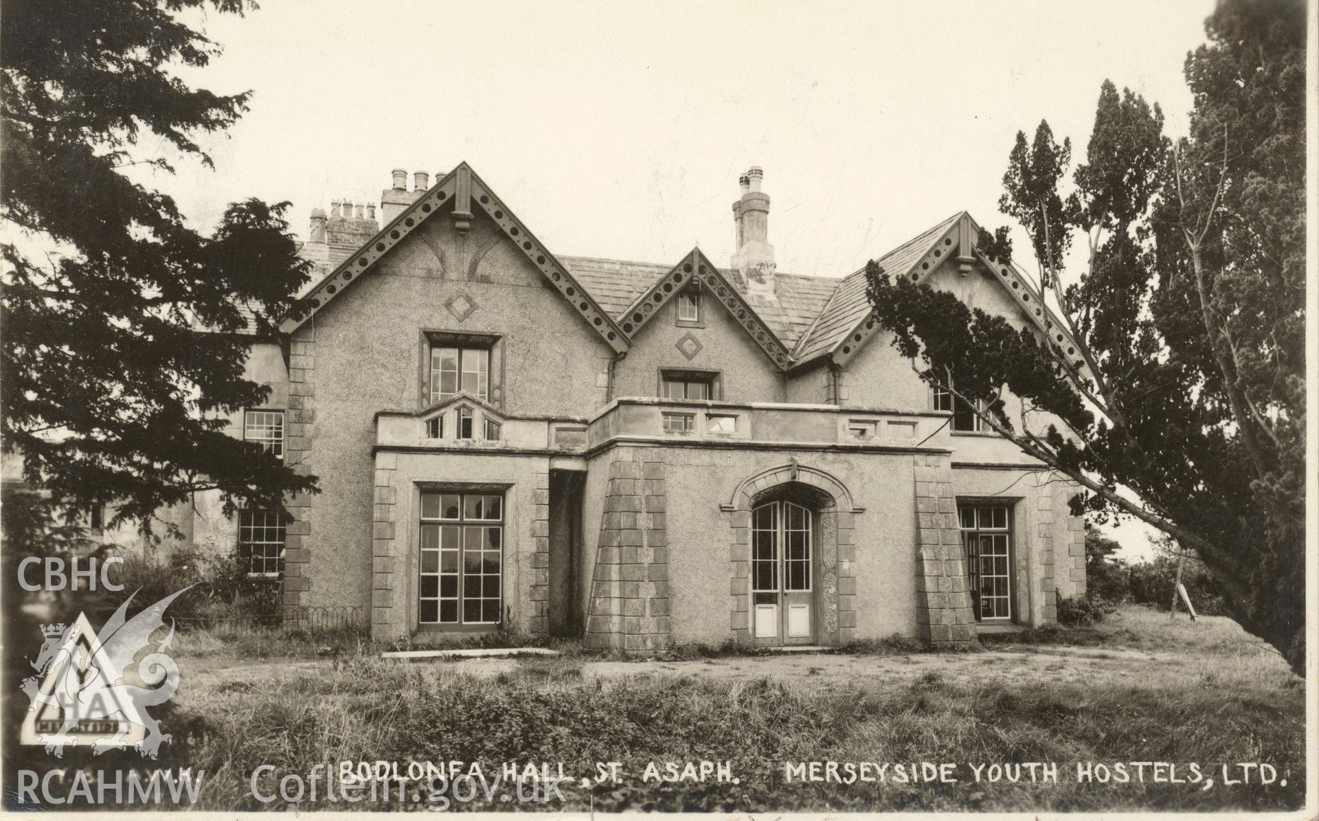 Digitised postcard image of Bodlonfa hall, Cwm, YHA. T18 A.W.H. Produced by Parks and Gardens Data Services, from an original item in the Peter Davis Collection at Parks and Gardens UK. We hold only web-resolution images of this collection, suitable for viewing on screen and for research purposes only. We do not hold the original images, or publication quality scans.